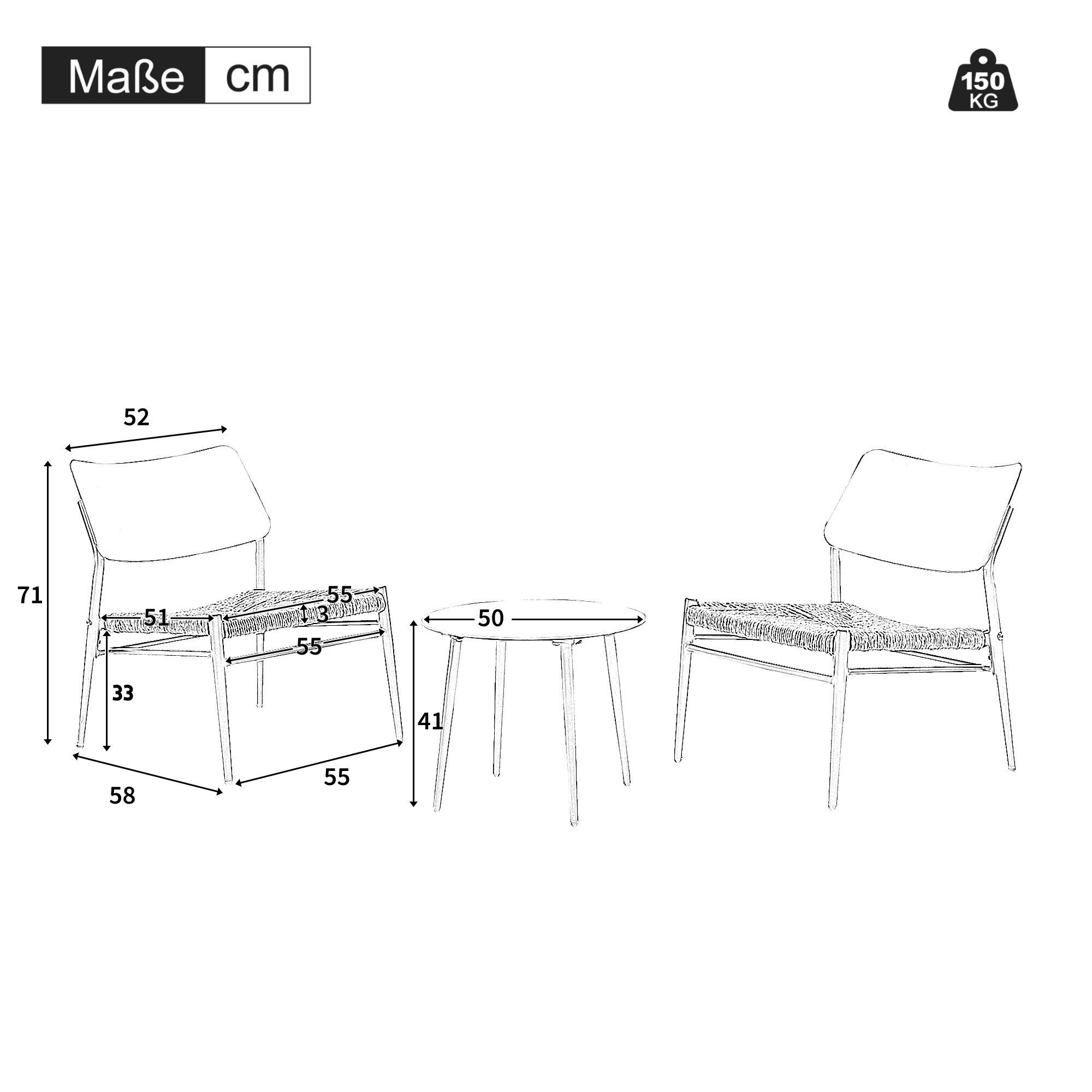Sitzgruppe, (3-tlg., Gartenmöbel-Set mit Couchtisch und 2 Stühlen), Sitzgarnitur aus Aluminium, Sitze aus Polyrattan, für Balkon Terrasse