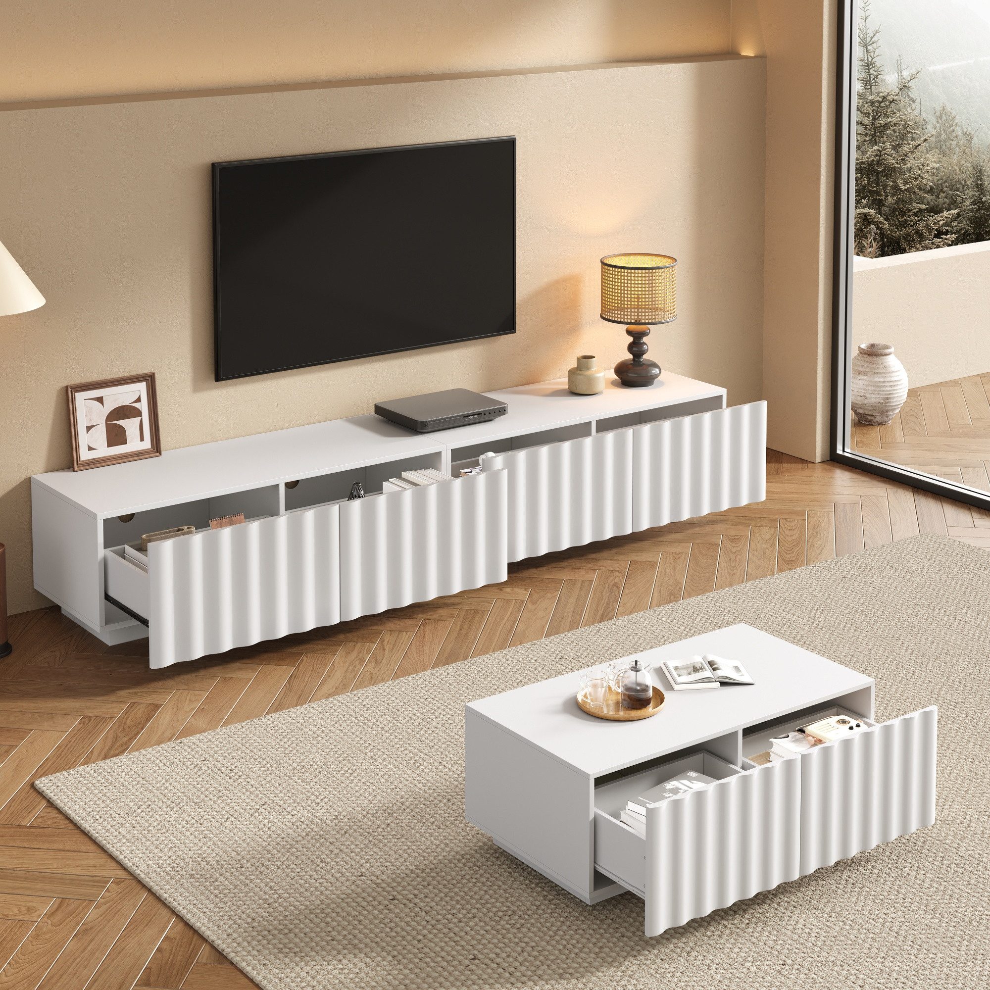 Merax Wohnzimmer-Set mit Wellenoptik, (1-St), TV-Schrank & Couchtisch mit Stauraum, modernes Möbelset für Wohnzimmer