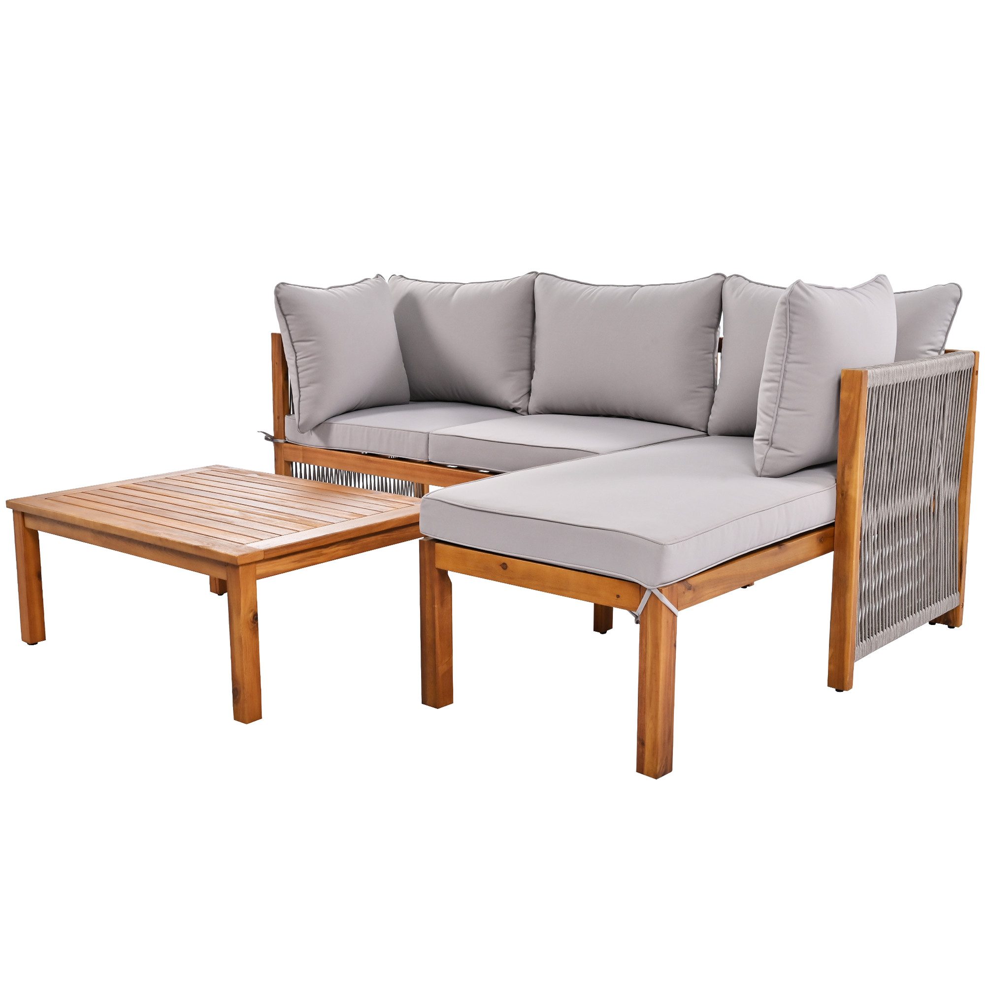 BBWL Gartenlounge-Set mit grauen Seilarmlehnen, verstellbaren Beinen, 2 Zweisitzer & Tisch, Garten-Set 3-teilig mit Akazienholzrahmen L-förmiges Outdoor-Set