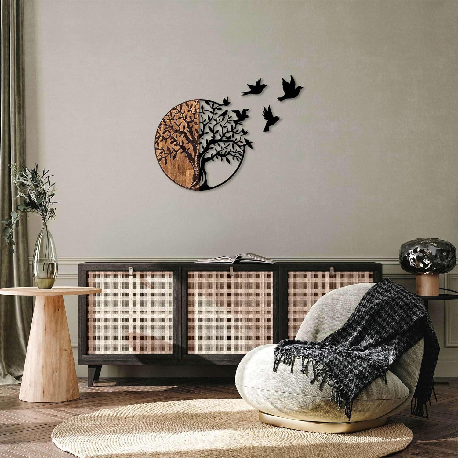 Wallity Dekoobjekt Wanddekoration 71x92 cm Holz Metall Schwarz Braun, Wandaccessoire, Wandobjekt Skulptur