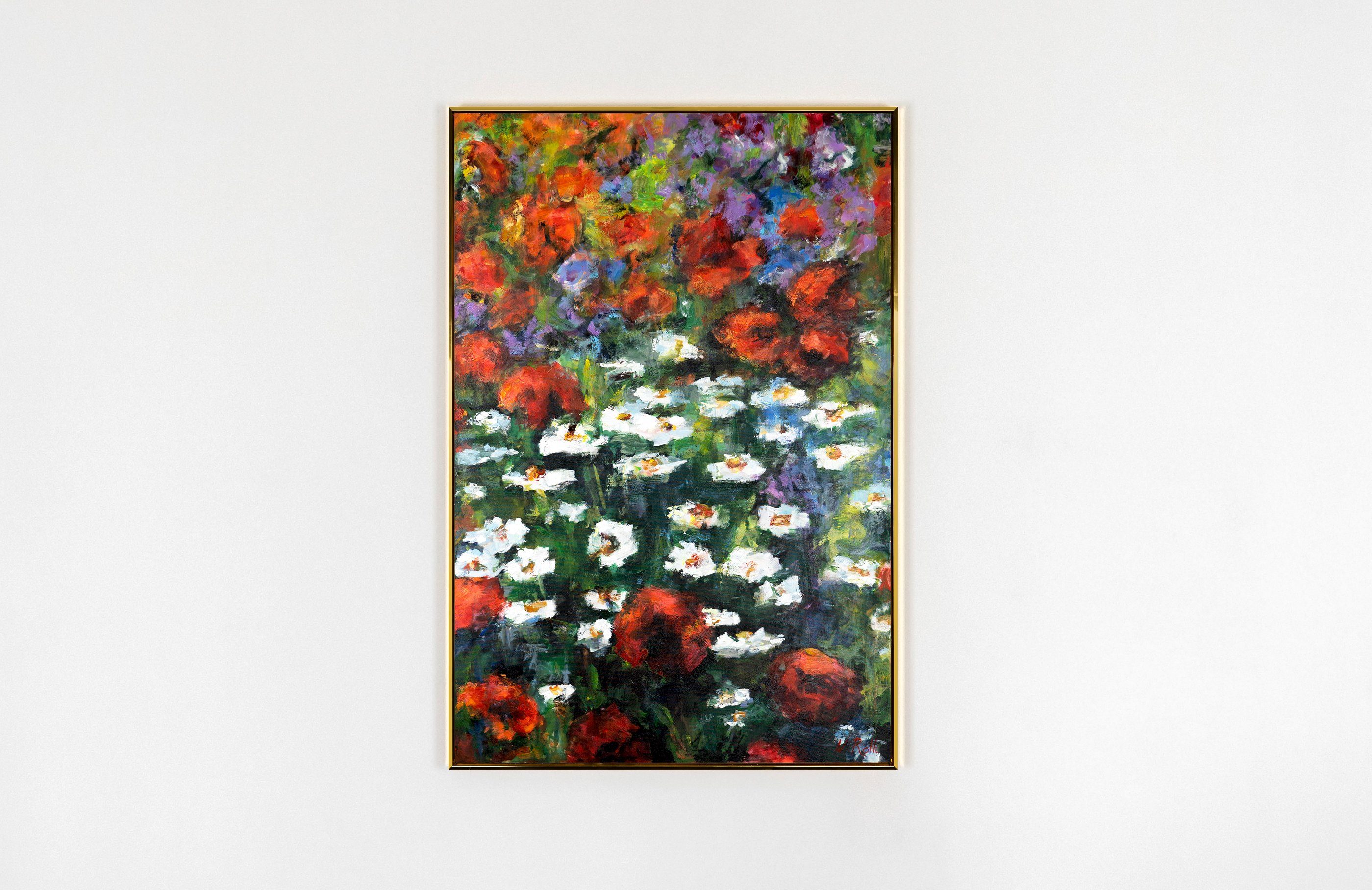 YS-Art Gemälde Blühende Weiten, Rahmen Blumen Mit in Gold