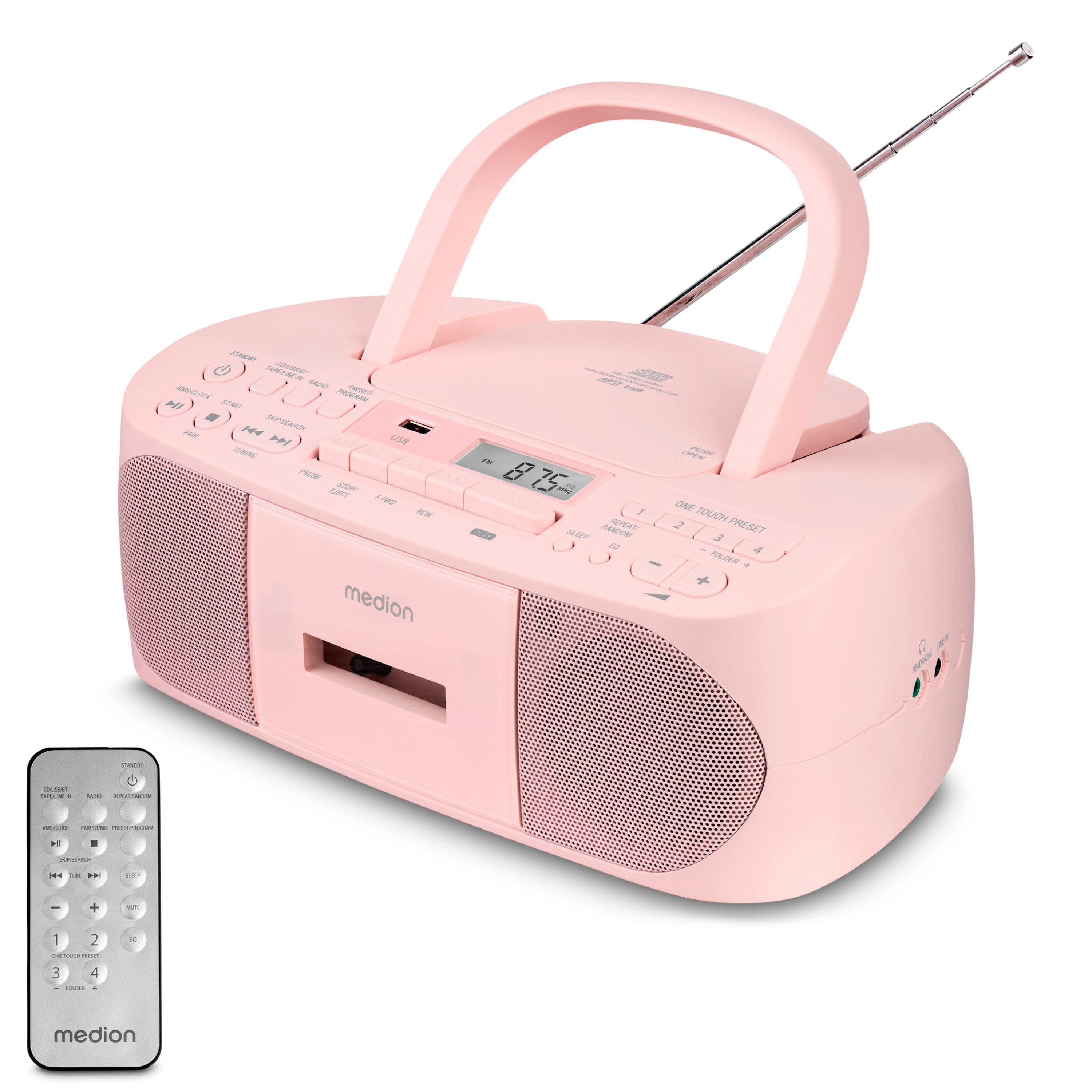 Medion® LIFE® E65010 (MD 43429) Stereo Radio (AM- / FM- Tuner, MW / UKW mit RDS, 3 W, CD-Player, Kassette, USB, MP3-Wiedergabe, 40 Senderspeicher, rosa)