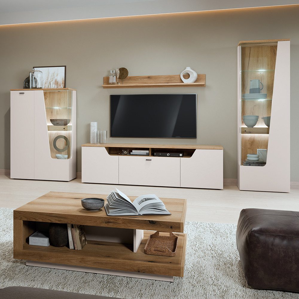 Lomadox Wohnzimmer-Set CARMONA-129, (Mega-Spar-Set, 5-St., Couchtisch Highboard Lowboard Vitrine Wandregal), in Kaschmir und Eiche, inkl. LED-Beleuchtung