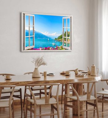 Sinus Art Leinwandbild Wandbild 120x80cm Fensterbild Alpensee Berge See Natur Blau Segelboote, (1 St)