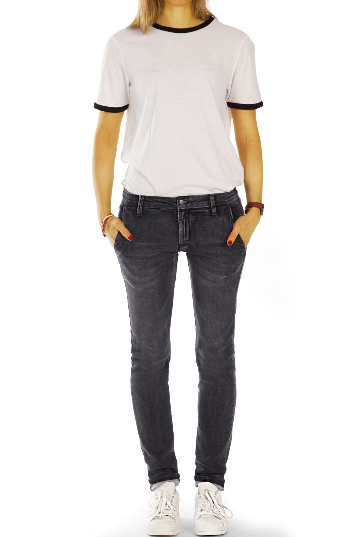 Hüfthosen in Damen Chino grau - Unifarben Stretch, - Hüftige j10m-3 be mit Hose styled Chinohose Stoffhosen