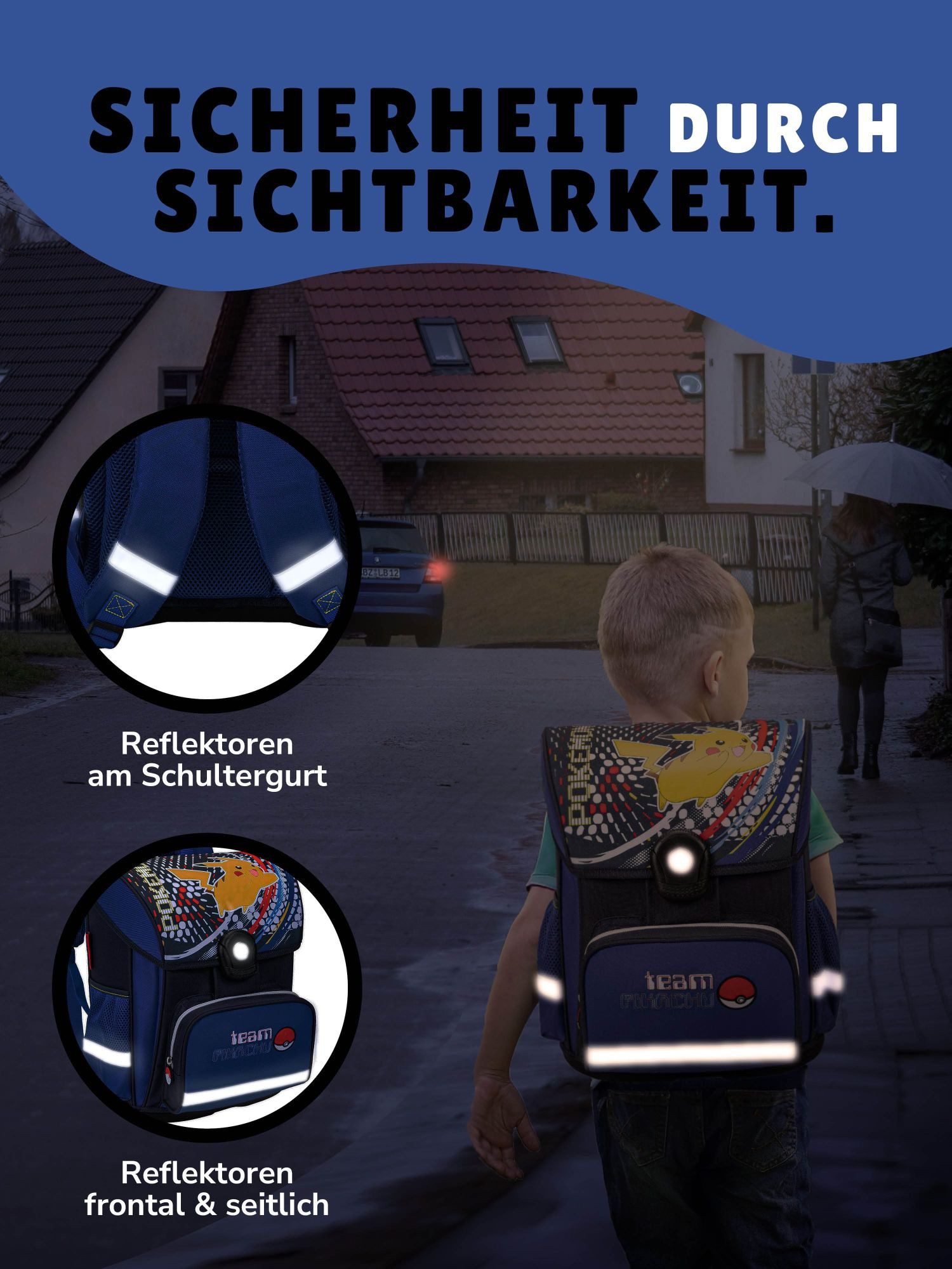 Familando Schulranzen Pokemon Blau, Pikachu Schultasche ab der 1. Klasse (Set, 6-tlg., inkl. Federmappe und Sporttasche), ergonomisch, mit Brustgurt, 990 Gramm  – Bild 4 von 5