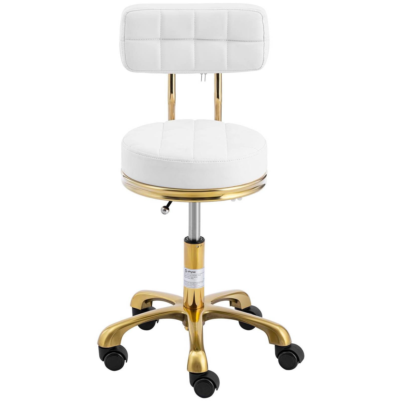 Physa Drehstuhl Rollhocker mit Lehne Friseurhocker Kosmetik 150 kg weiß & golden, Weiß – Bild 5 von 5