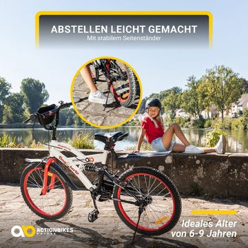 Actionbikes Motors Kinderfahrrad Kinder Fahrrad Dagoberto - rot / weiß / schwarz, 1 Gang, ohne Schaltung, (20 Zoll, ab 115 cm Körpergröße, max. Zuladung 50kg, Kettenschutz, Reflektoren, Luftbereifung, Schutzbleche, 1-tlg., V-Brake-Bremsen, Antirutschgriffe, Heckfederung, Fahrradständer), höhenverstellbares Bike Jungen Mädchen Kinderrad ab 6 Jahre