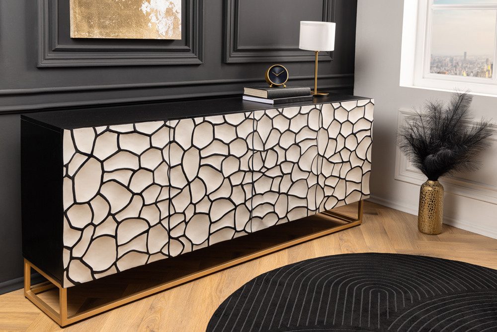 riess-ambiente Sideboard VULCANO 180cm weiß / schwarz / gold (Einzelartikel, 1 St), Wohnzimmer · Massivholz · Metall · Anrichte · 3D-Front · Modern Design