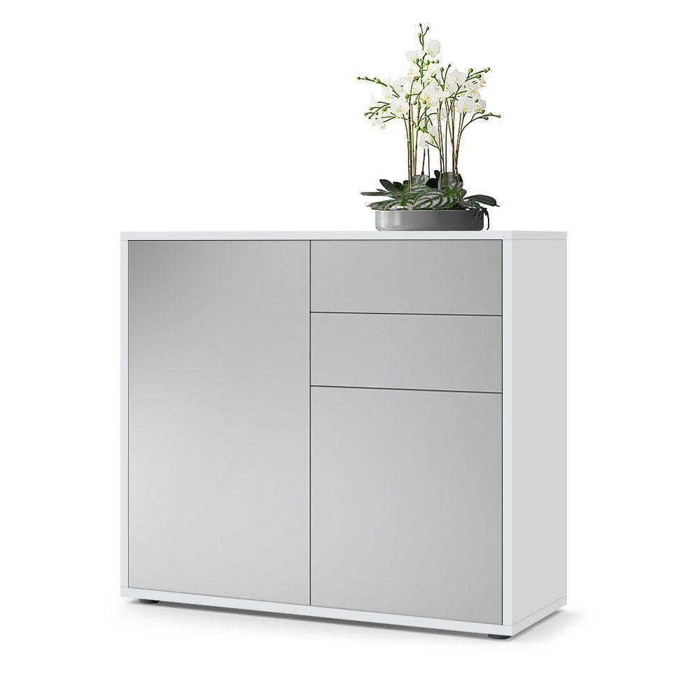 Vladon Kommode Ben V1 (Kommode, mit 2 Türen und 2 Schubladen), Weiß matt/Hellgrau Seidenmatt (79 x 74 x 36 cm)
