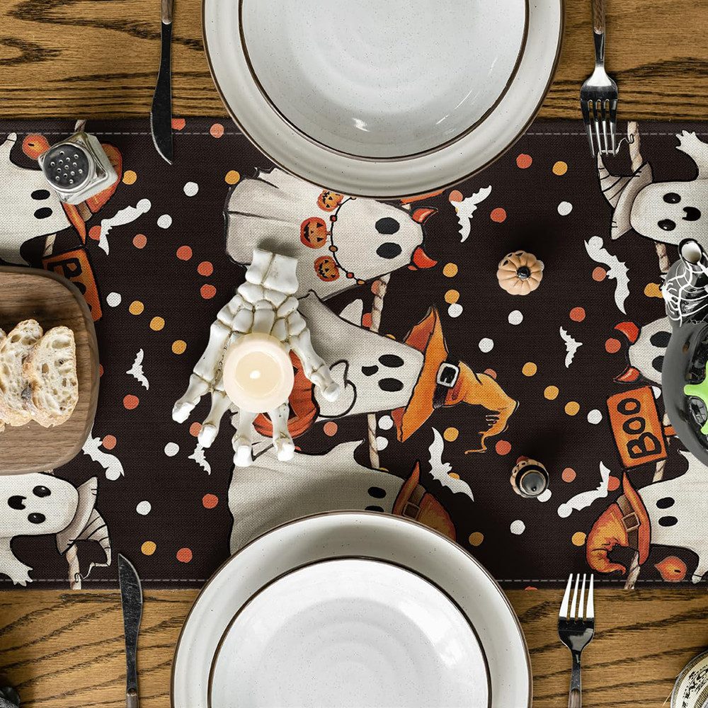 CLTYQ Tischläufer Halloween Tischläufer mit Geister-Kürbis Druck,33*183cm (Maschinenwaschbar & Wiederverwendbar), Perfekte Tischdekoration für Halloween und Her – Bild 5 von 5