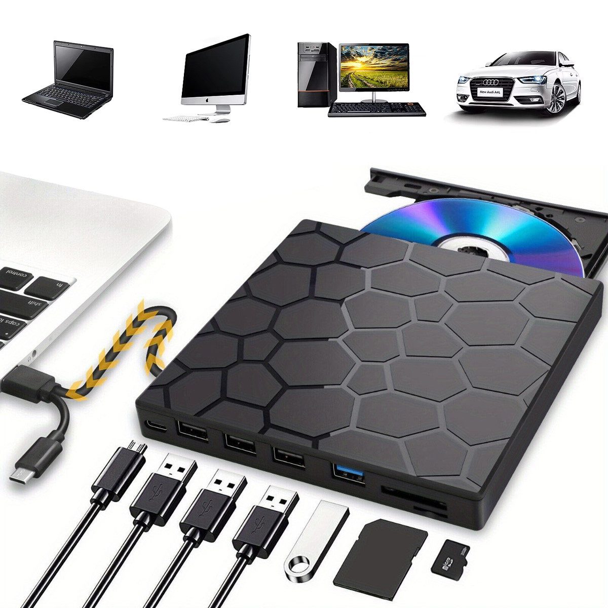 Novzep Externe DVD Laufwerke, USB 3.0 und Typ-C Portable Burner Reader DVD-Brenner (Portable Externer DVD Player für Laptop Desktop PC, 15.4x14.3x1.4cm)