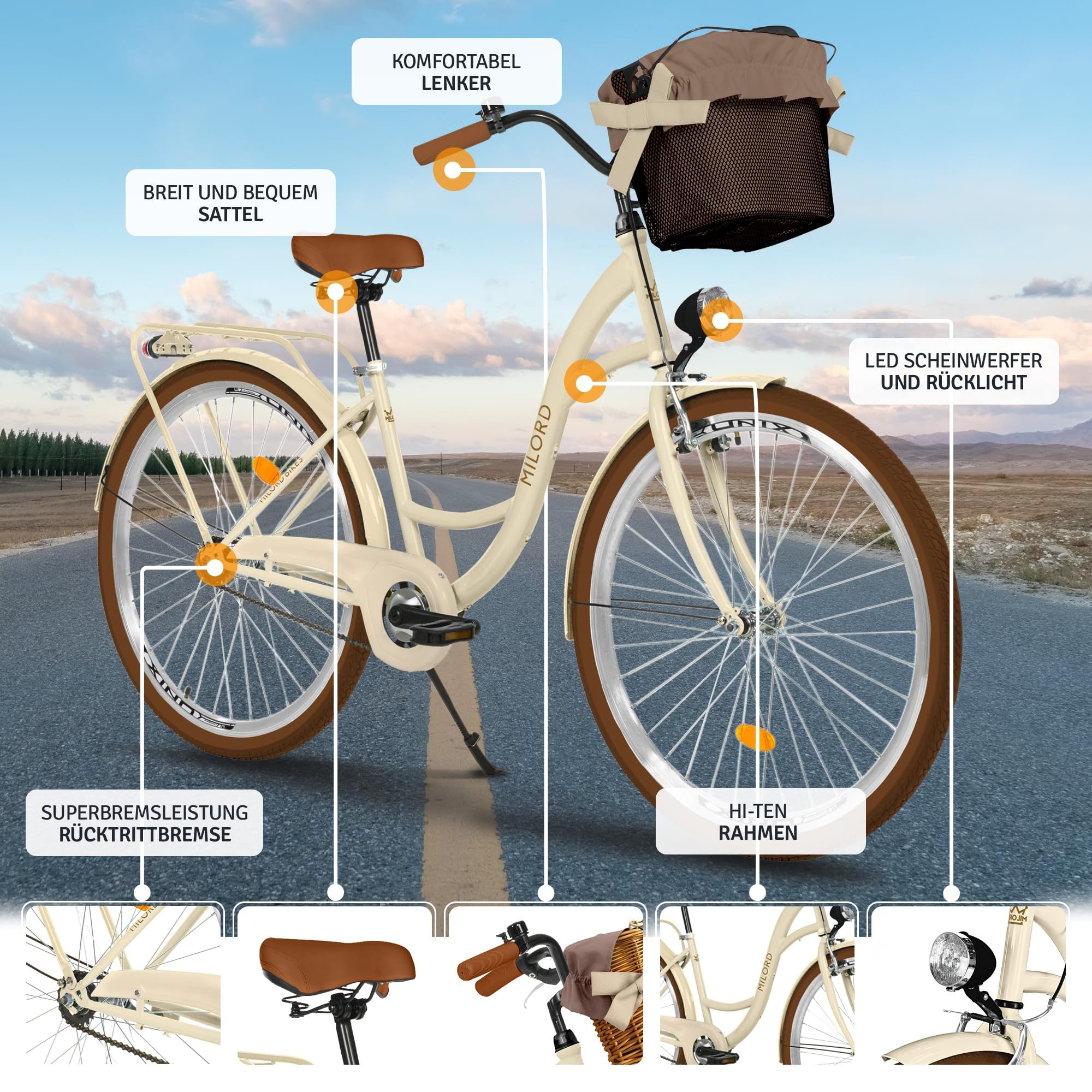 Milord Cityrad Milord City Fahrrad Korb Damenfahrrad, 28 Zoll, Beige-Braun, 1-Gang, 1 Gang, (Fahrradständer, Gepäckträger, Klingel, Korb, Kotflügel)