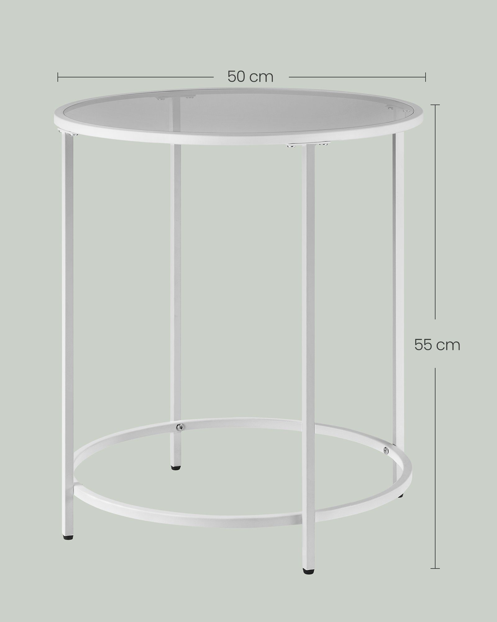 Beistelltisch, VASAGLE robustes rund, Glastisch, cm kleiner Hartglas, Ø 50 Perlweiß-Schiefergrau