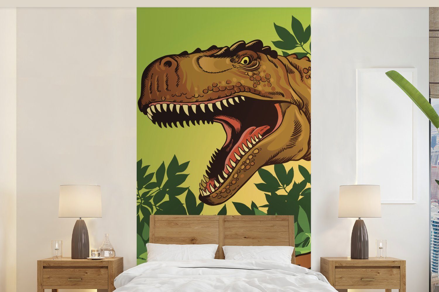 MuchoWow Fototapete Dinosaurier - Pflanzen - Braun - Illustration - Kinder - Baby - Junge, Matt, bedruckt, (2 St), Vliestapete für Wohnzimmer Schlafzimmer Küche, Fototapete