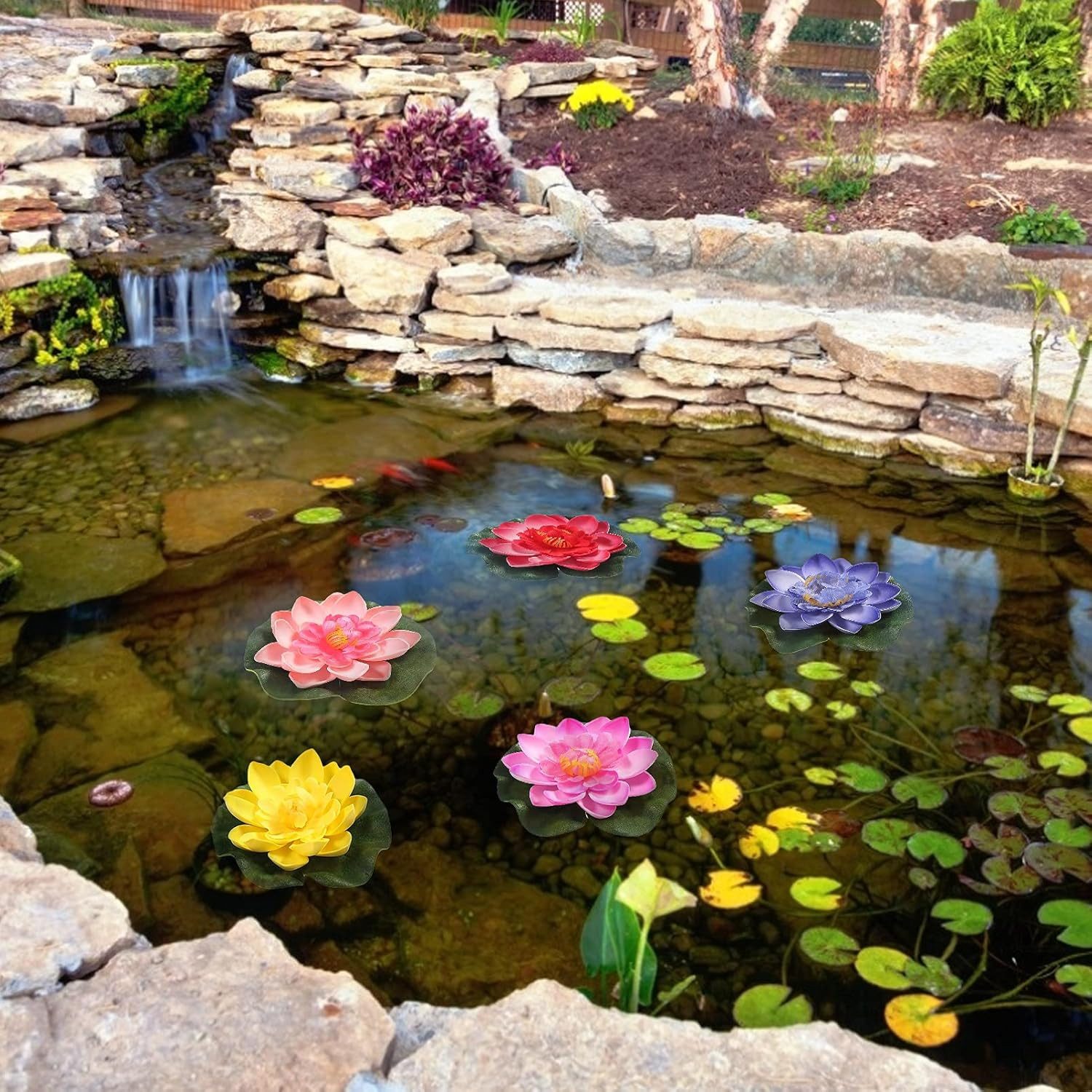 Kunstblumenstrauß 5 künstliche schwimmende Seerosen – Deko für Teich & Pool, FOUORTUNATE-BEE, 5er Set künstliche Seerosen, schwimmende Teichdeko – Bild 4 von 5