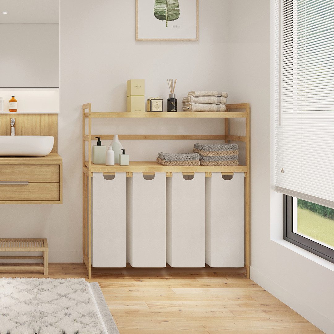 Bellamio Wäschekorb Newa aus Bambus (4 Fächer mit 2 Ablagen, Beige 200 L), ausziehbare & abnehmbare Wäschesäcke aus Oxford-Gewebe – Bild 4 von 5