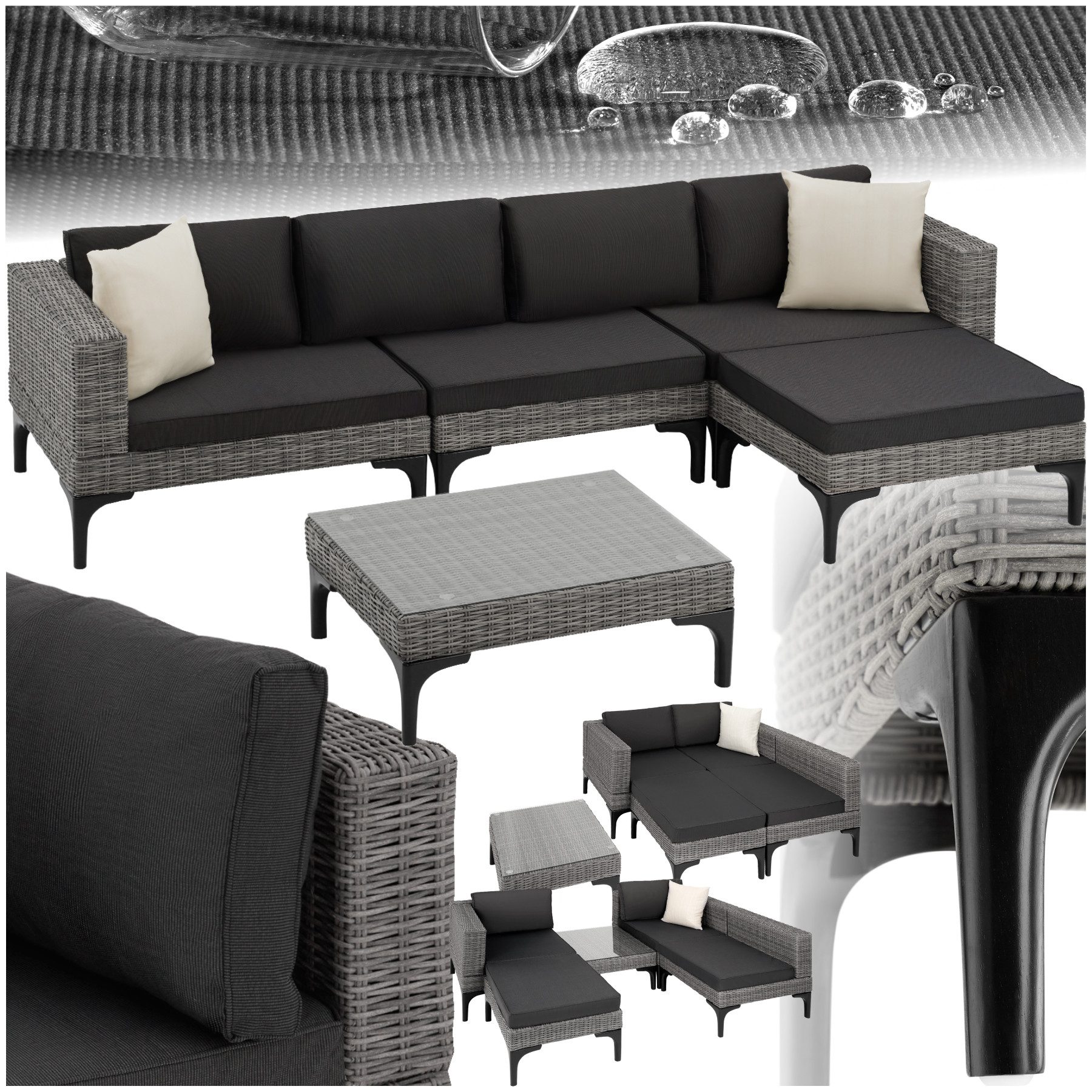 tectake Loungeset Rattan Sitzgruppe mit Aluminiumgestell, hochwertiges Geflecht, (Gartenlounge-set Konstanza, 5-tlg., geeignet für Outdoor in Grau), wetterfest und UV-beständig, Dicke der Sitzpolster 8 cm