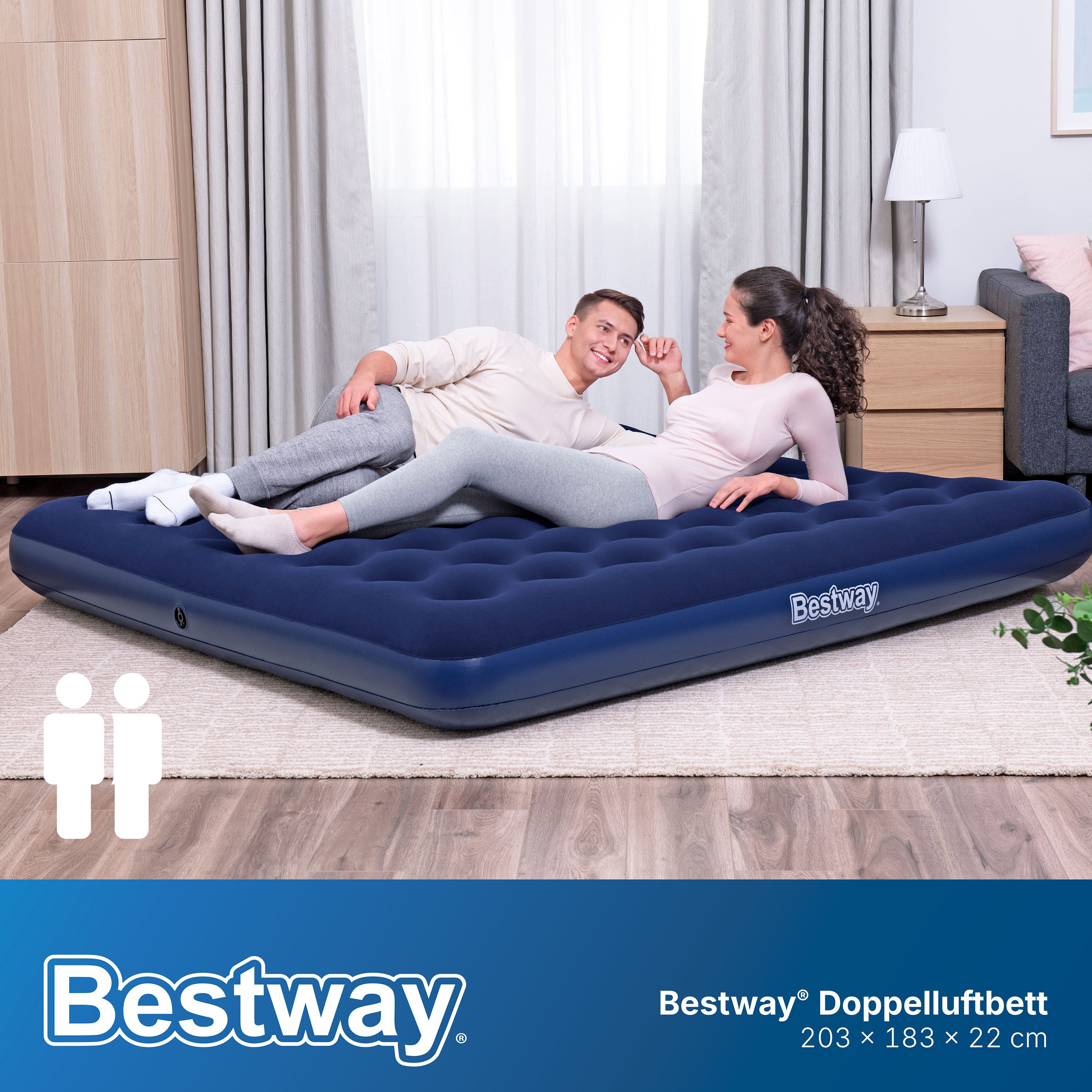 Bestway Luftbett 203 x 183 x 22 cm, (Packung, 1-tlg., Inkl. externer Elektropumpe, Für 2 Personen), Ideal für den Innen- und Außengebrauch