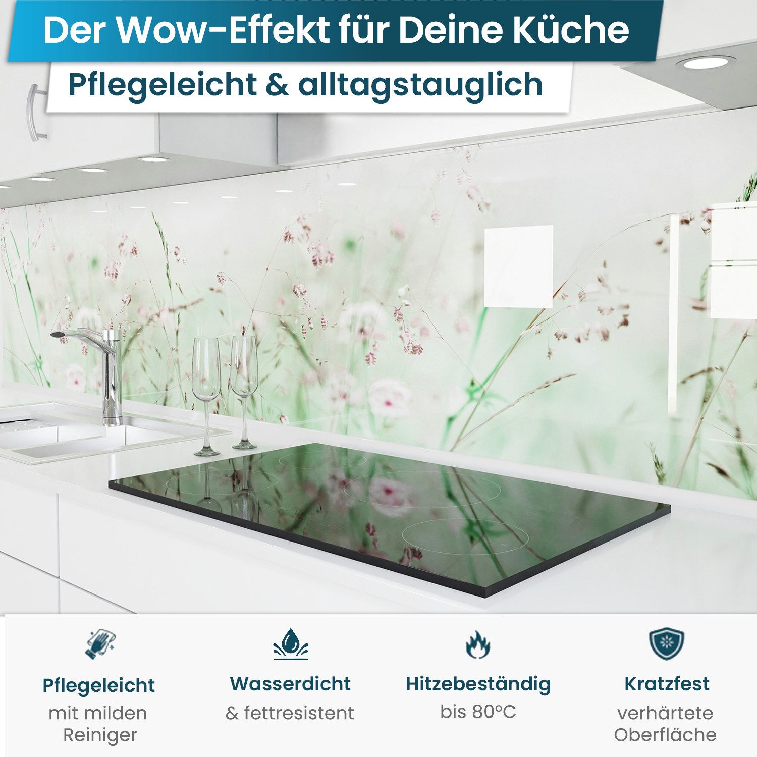 danario Küchenrückwand Folie selbstklebend, Glasoptik, Spritzschutz Küche, ablösbar - 0,8 mm