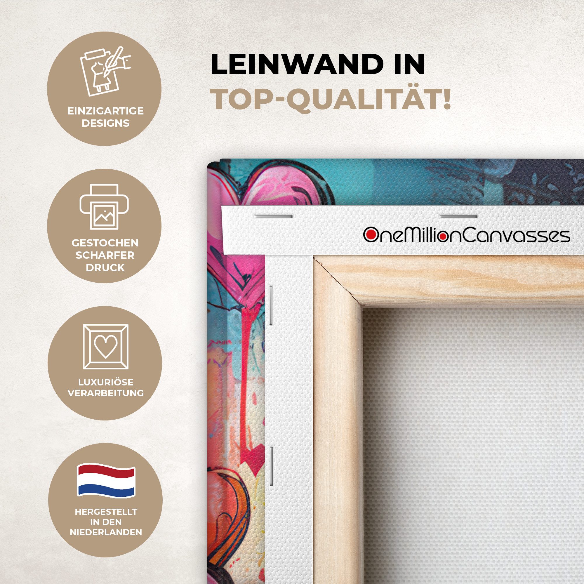 OneMillionCanvasses® Leinwandbild Herzen - Farben - Kunst - Liebe, Fotodruck (1 St), Wandbild, Deko Schlafzimmer Wohnzimmer Flur 20x20 cm