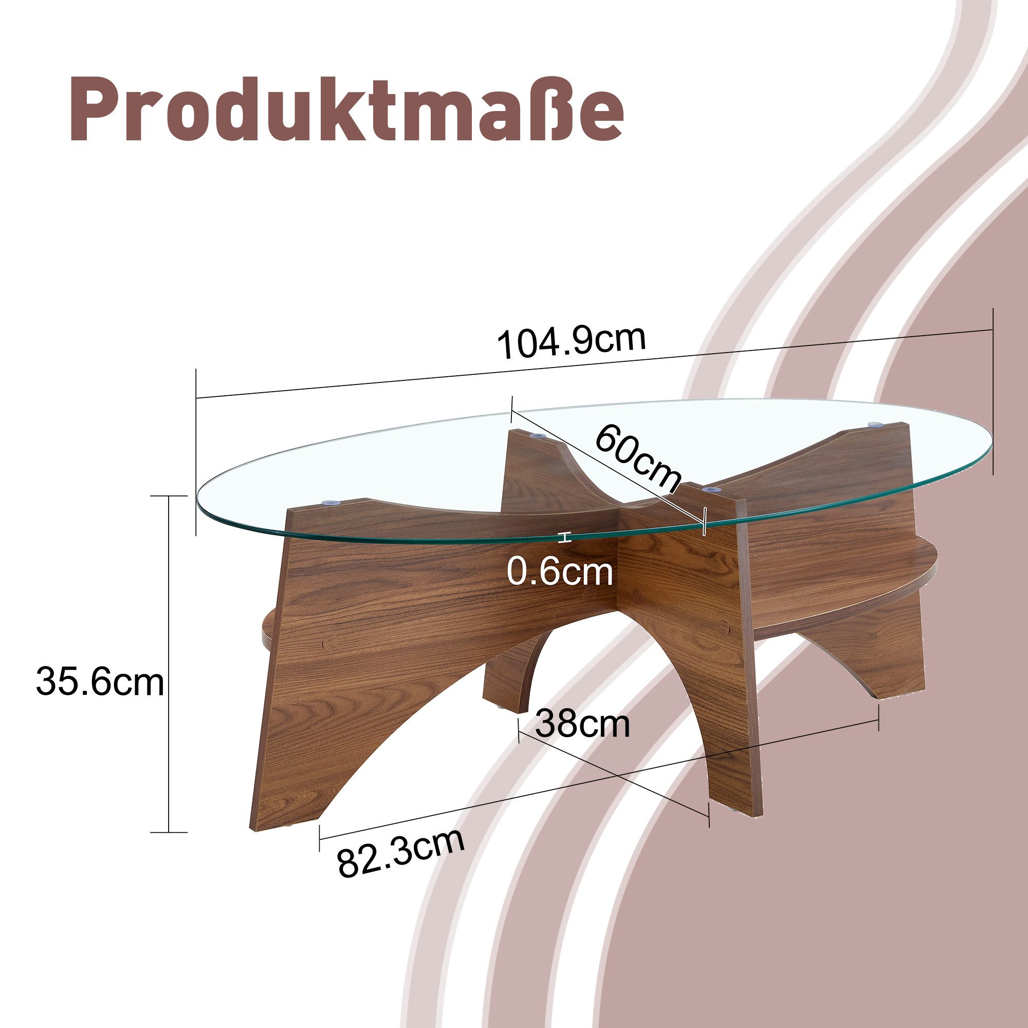 Odikalo Couchtisch Beistelltisch Kaffeetisch couchtisch rund (Ovaler Kaffee-Tisch aus Sicherheitsglas – 104,9 x 60 cm, Tischgestell mit nussbaumfarbenen, diagon – Bild 3 von 5