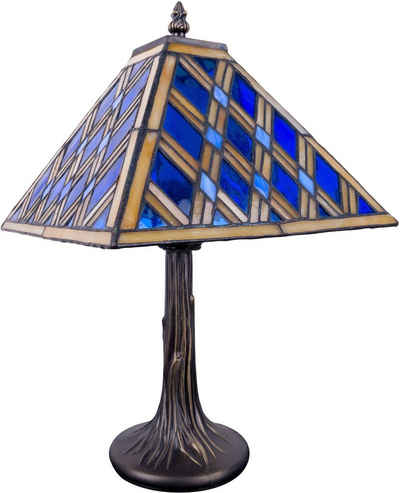 näve Tischleuchte Pyra, ohne Leuchtmittel, Tiffany-Stil pyramidenförmig Glas blau mit Rautenmuster E14