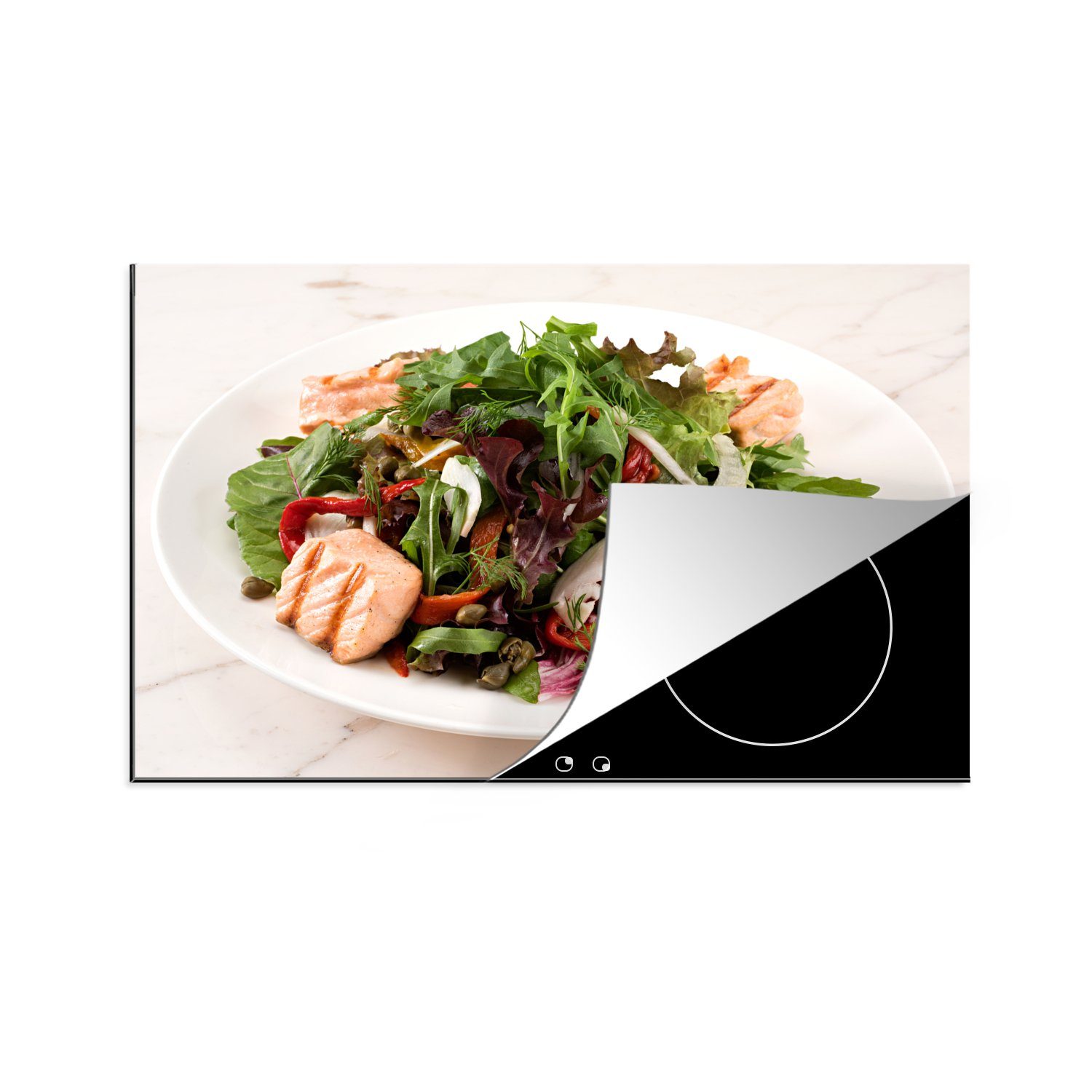 MuchoWow Herdblende-/Abdeckplatte Gegrillter Salat mit Lachs, Vinyl, (1 tlg), 81x52 cm, Induktionskochfeld Schutz für die küche, Ceranfeldabdeckung