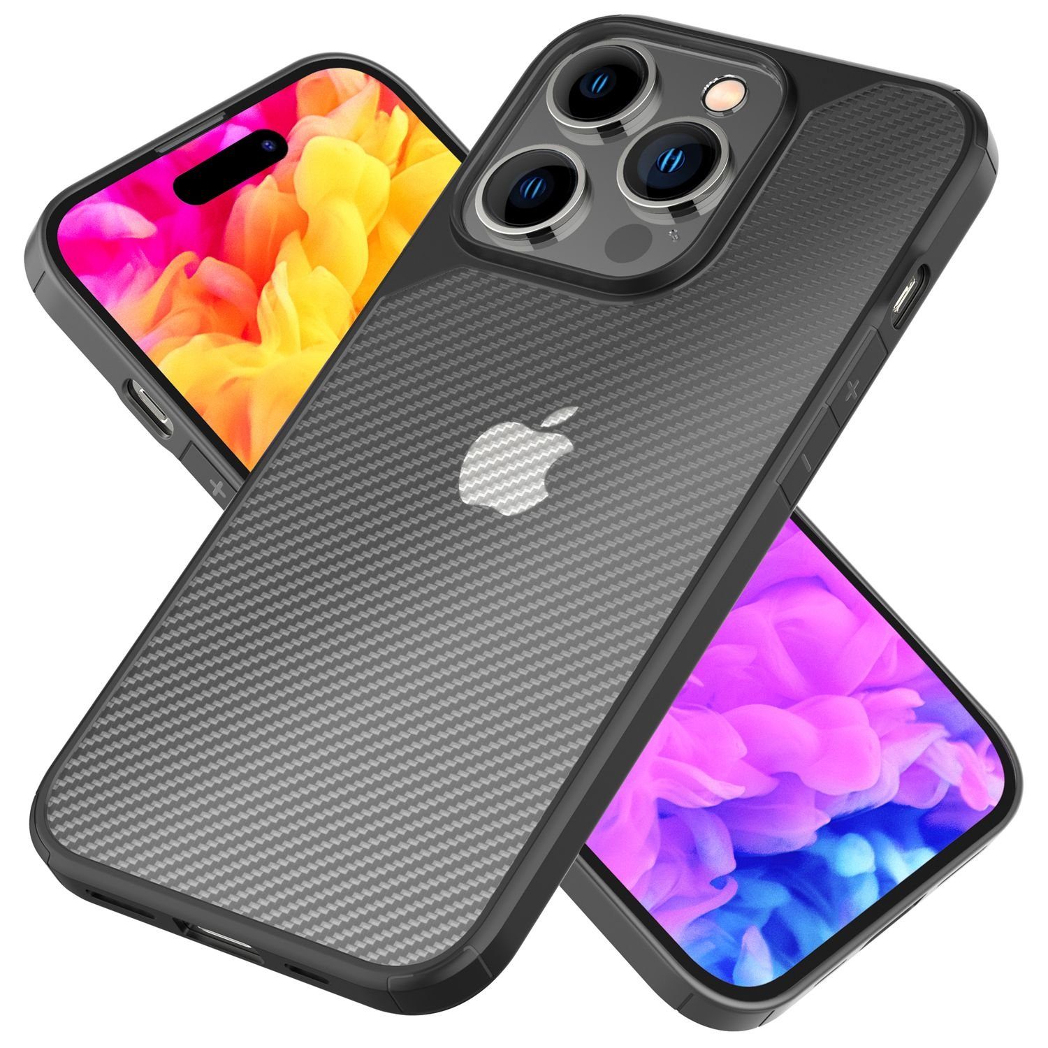 Nalia Smartphone-Hülle Apple iPhone 14 Pro Max 17 cm (6,7 Zoll), Matte Harte Carbon-Look Hülle / Transparent / Verstärkter Silikon-Rand