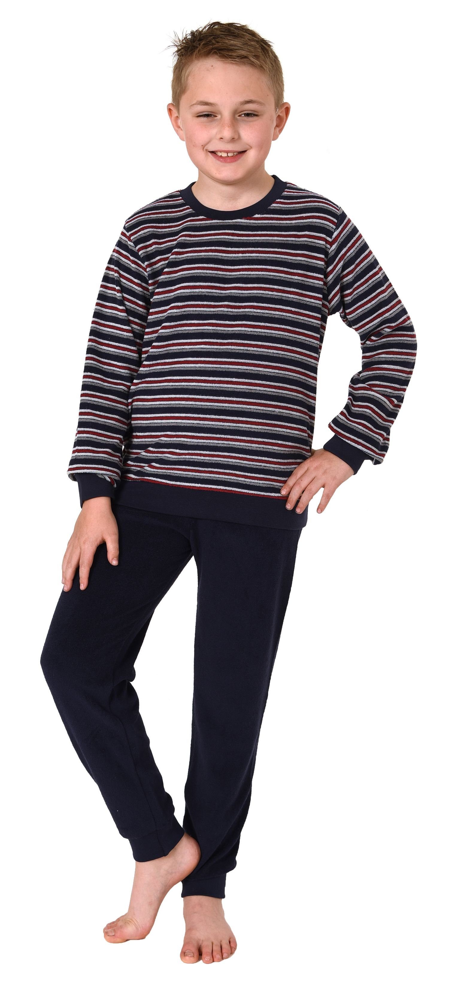 Normann Pyjama langarm in Jungen marine mit Frottee Schlafanzug Streifenoptik Bündchen