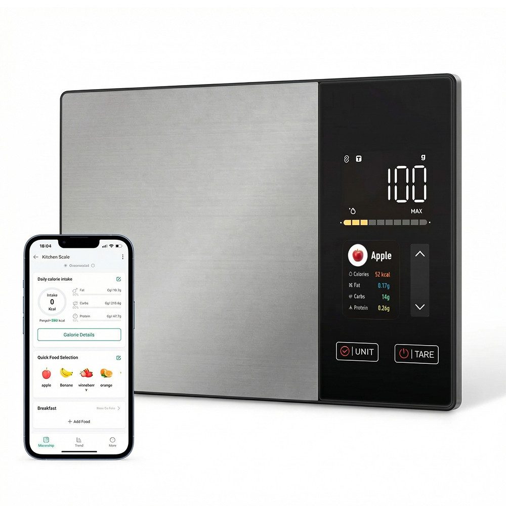 JASMART Küchenwaage Digitale Küchenwaage mit TFT-Farbdisplay & Bluetooth App, Präzisionswaage bis 5 kg (1 g) mit Tara & optionaler Nährwertanalyse