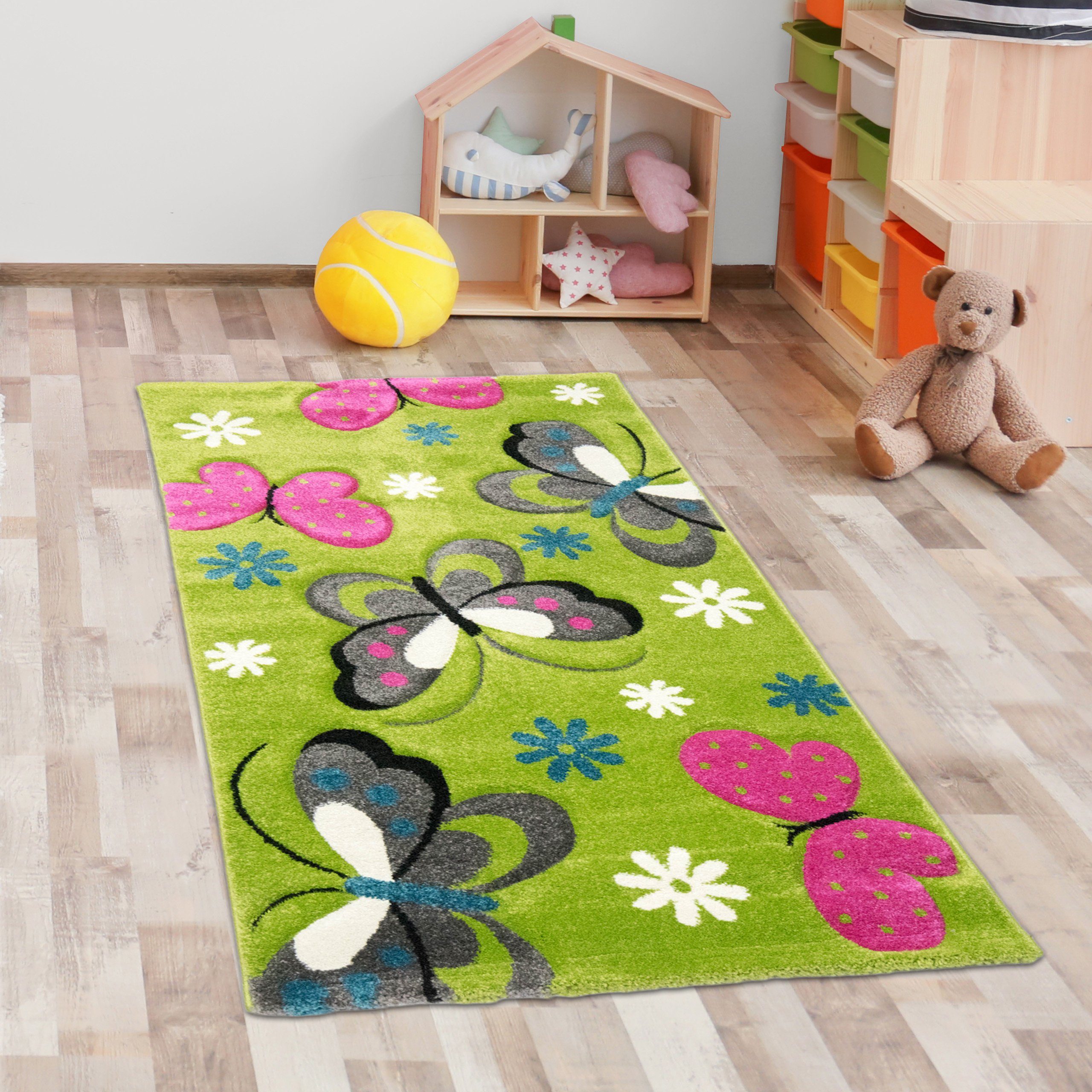 Kinderteppich Bunt Schmetterling-Design in Carpetia, rechteckig, mm mit grün, 13 Kinderzimmer-Teppich Höhe