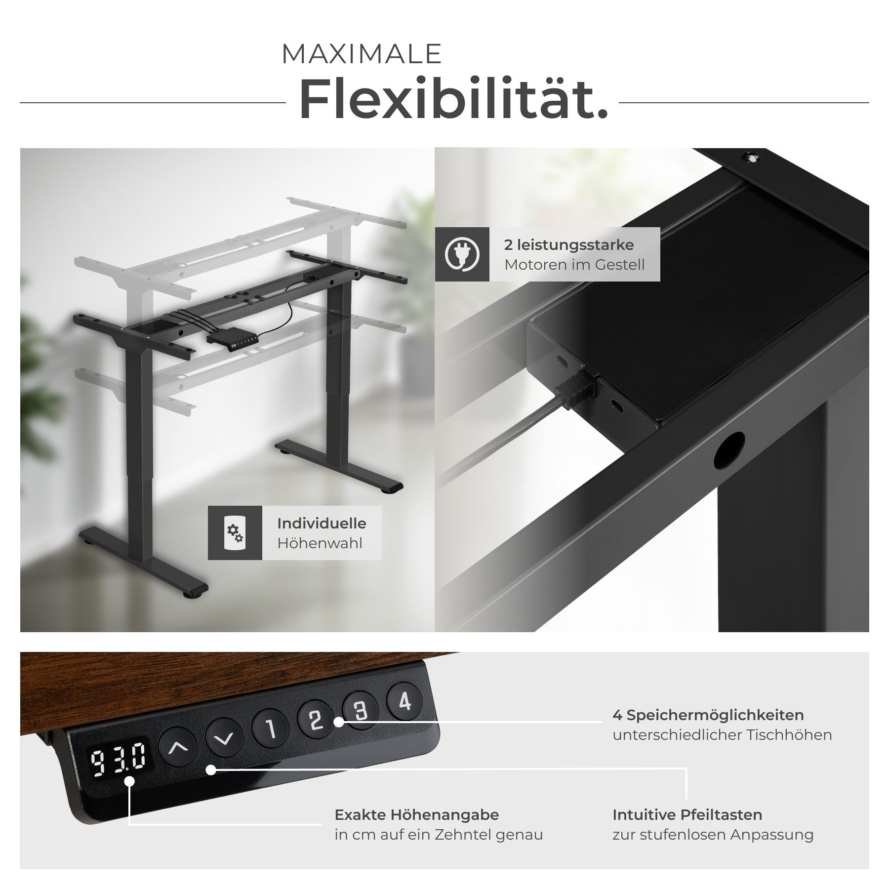 tectake Tischgestell Schreibtischgestell, Belastbarkeit 100 kg, 110-168 x 60 x 70-119 cm (Tischuntergestell Melville, 1-St., in schwarz), Flexibler Tischrahmen in moderner Optik