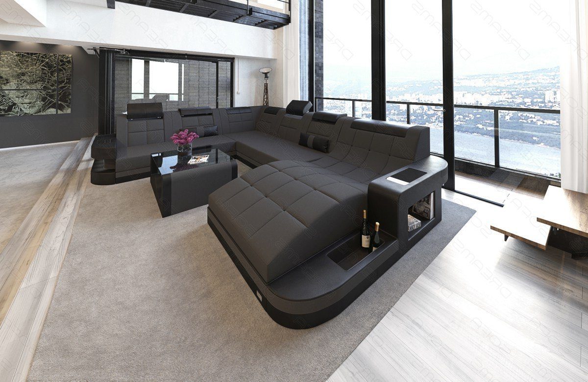 XXL M Wave Sofa Wohnlandschaft Mikrofaser mit Sofa Couch Bettfunktion Polster Dreams Strukturstoff Stoff, dunkelgrau-schwarz wahlweise