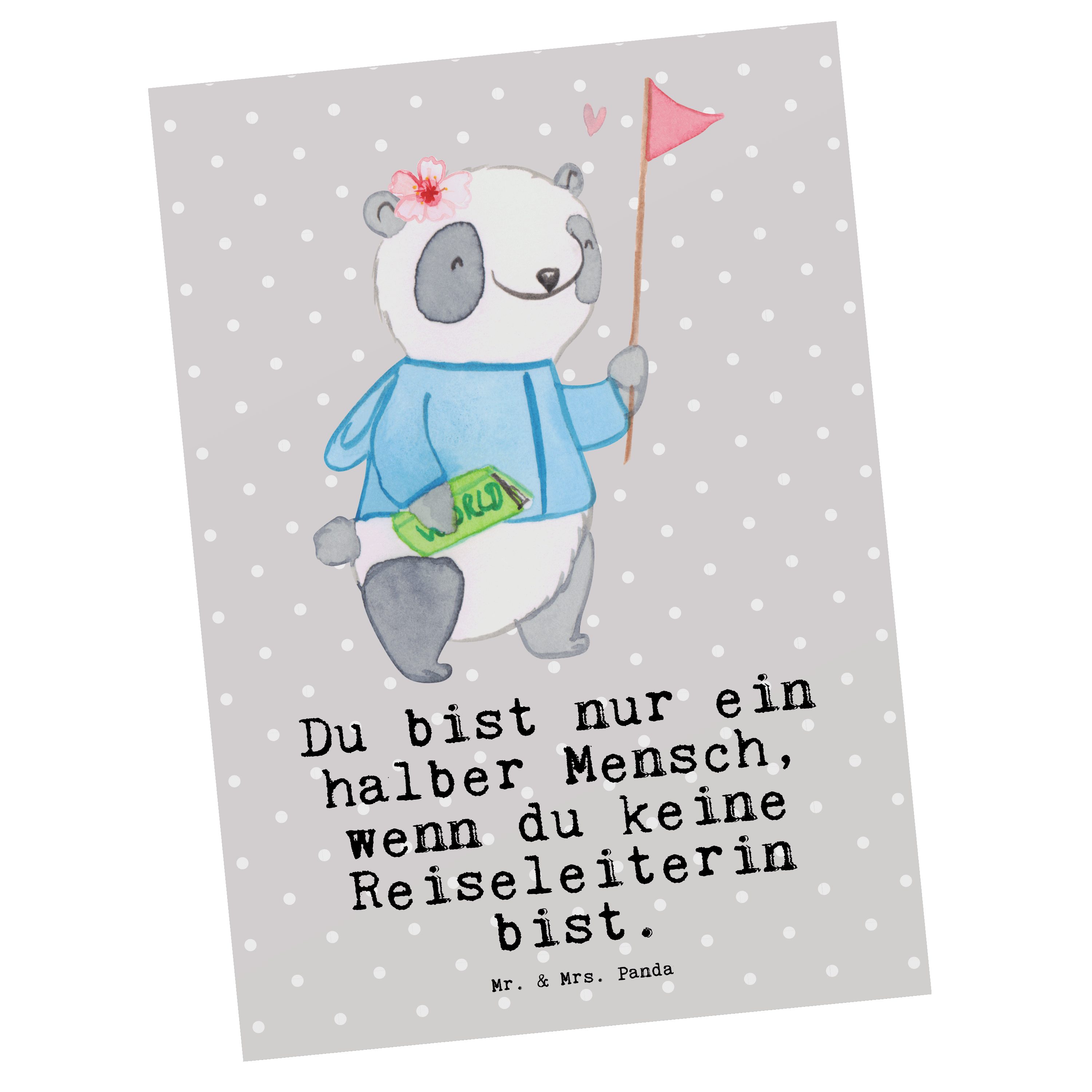 Mr. & Mrs. Panda Postkarte Reiseleiterin mit Herz - Grau Pastell - Geschenk, Einladung, Geschenk