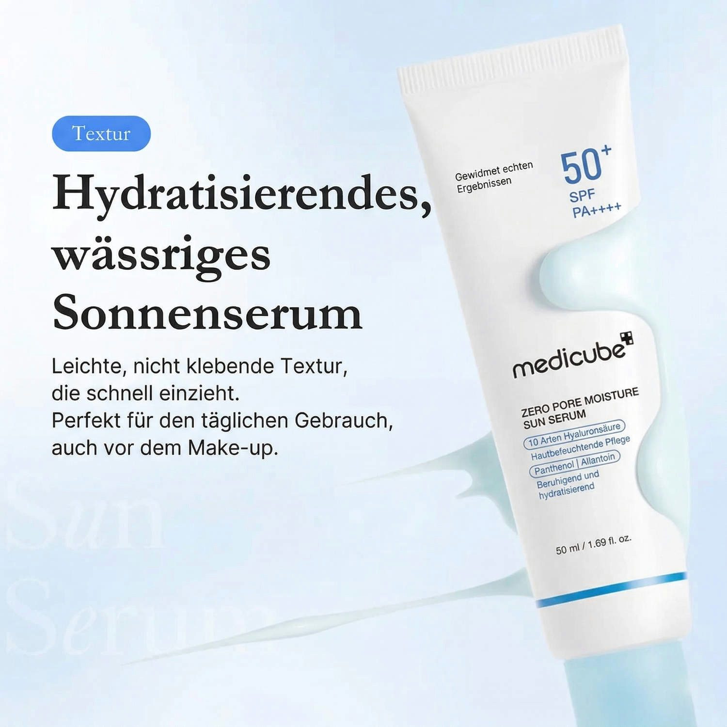 Medicube Sonnenschutzcreme Zero Pore Moisture Sun Serum SPF 50+ PA++++ 50 ml, Korean Skincare, Sonnenserum mit 10x Hyaluronsäure, Panthenol & Allantoin –, Leichter Sonnenschutz für fettige & Mischhaut