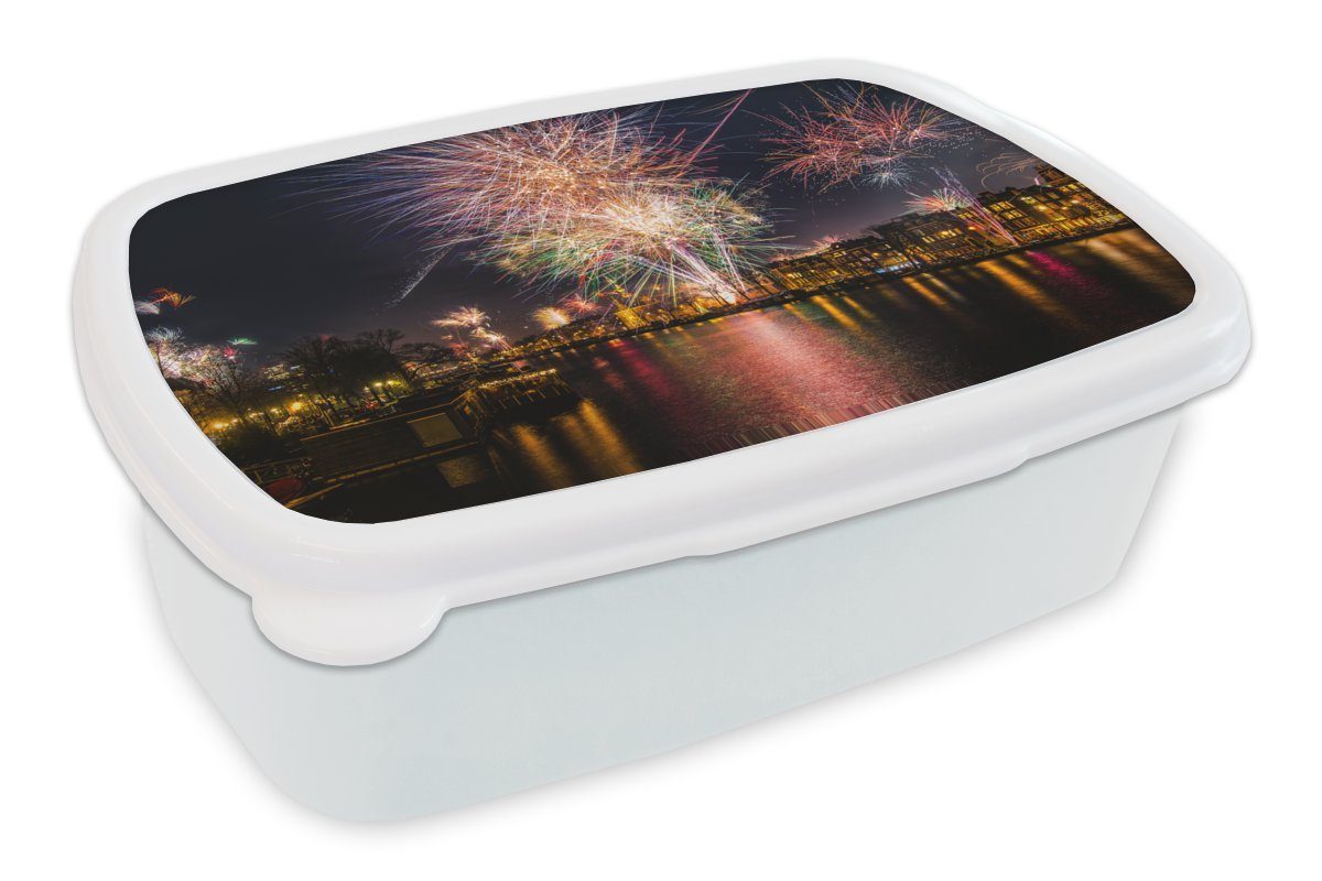 MuchoWow Lunchbox Feuerwerk - Amsterdam - Wasser, Kunststoff, (2-tlg), Brotbox für Kinder und Erwachsene, Brotdose, für Jungs und Mädchen weiß