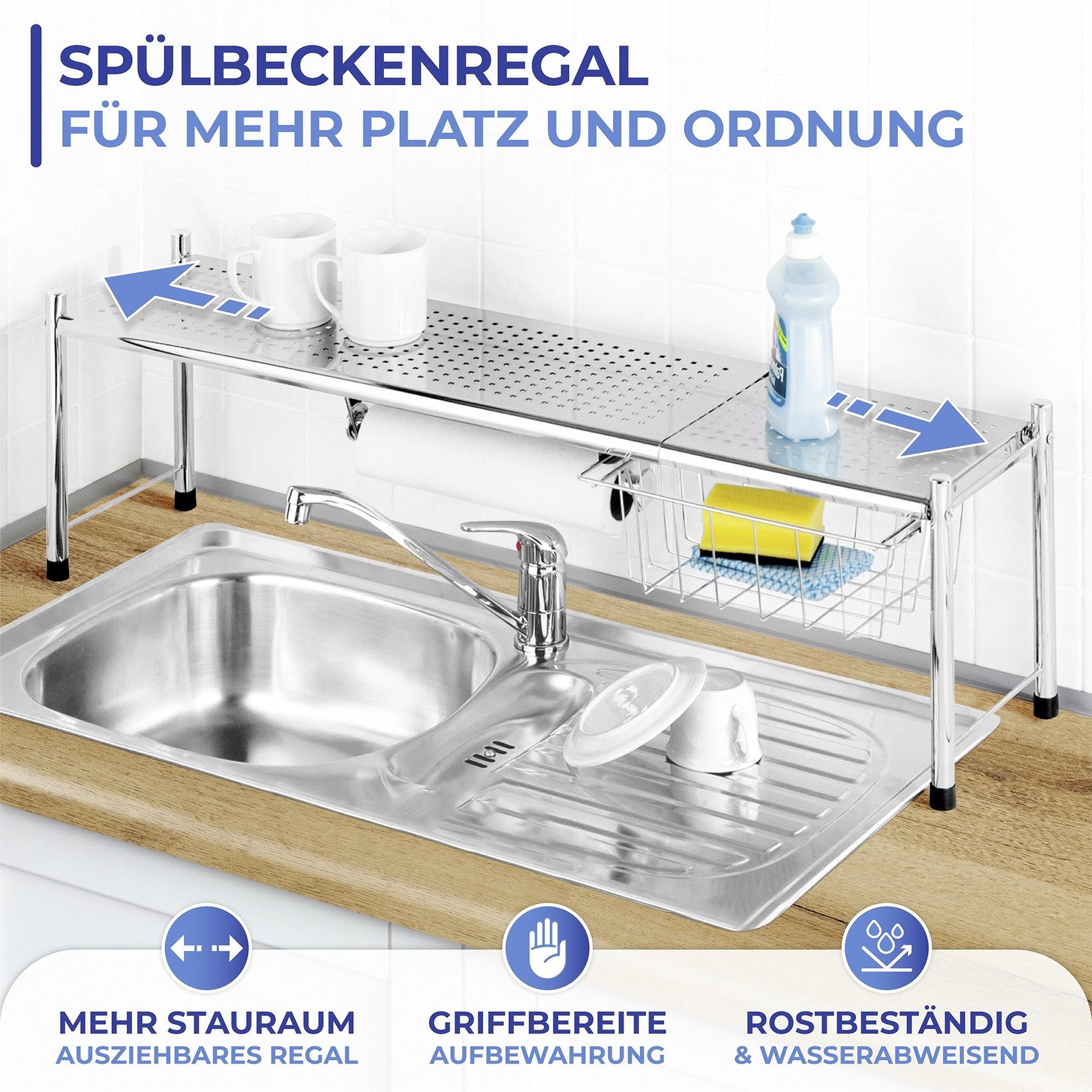 Maximex Küchenregal Modell EXPANDO, ausziehbares Spülbeckenregal mit Küchenrollenhalter und Korb