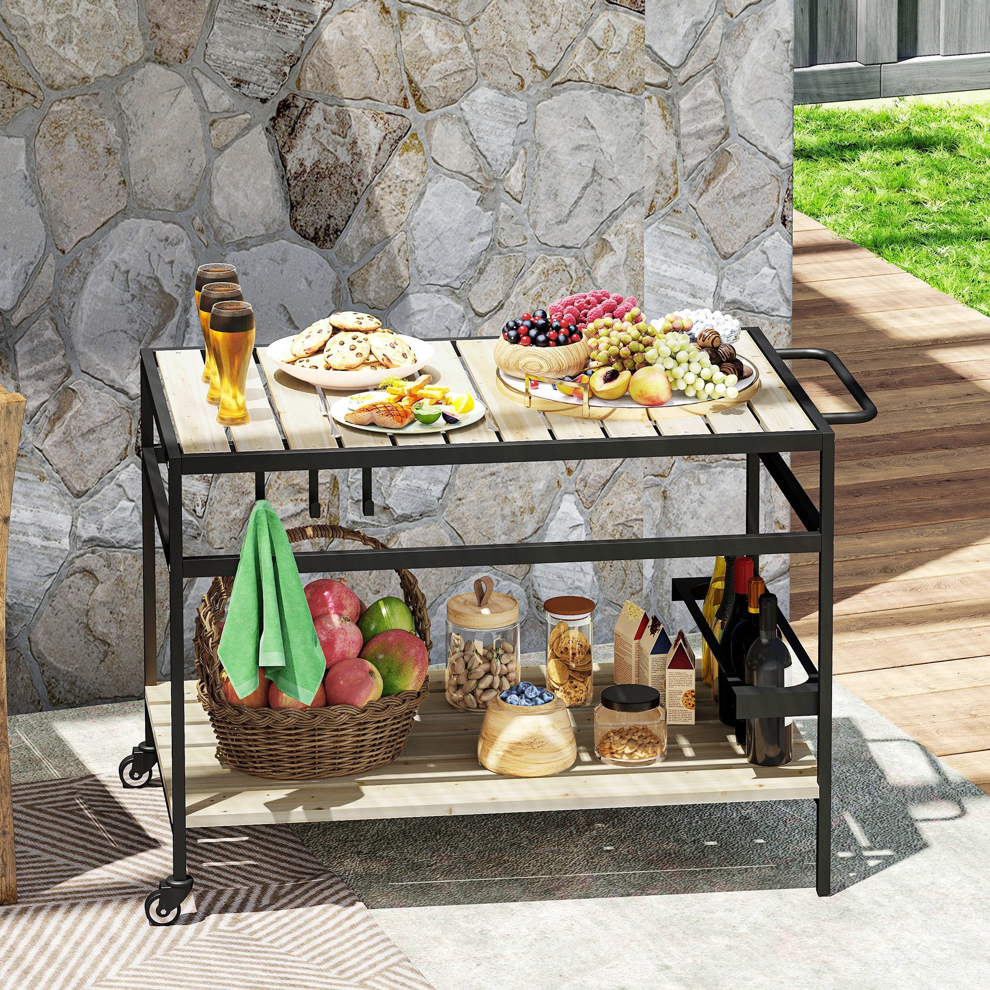 Outsunny Servierwagen Barbecue Trolley mit 2 Regalen, Gartenrollwagen mit Haken, (Outdoor Multifunktionstisch, 1 St., Gartenrollwagen), wetterbeständig, mobil