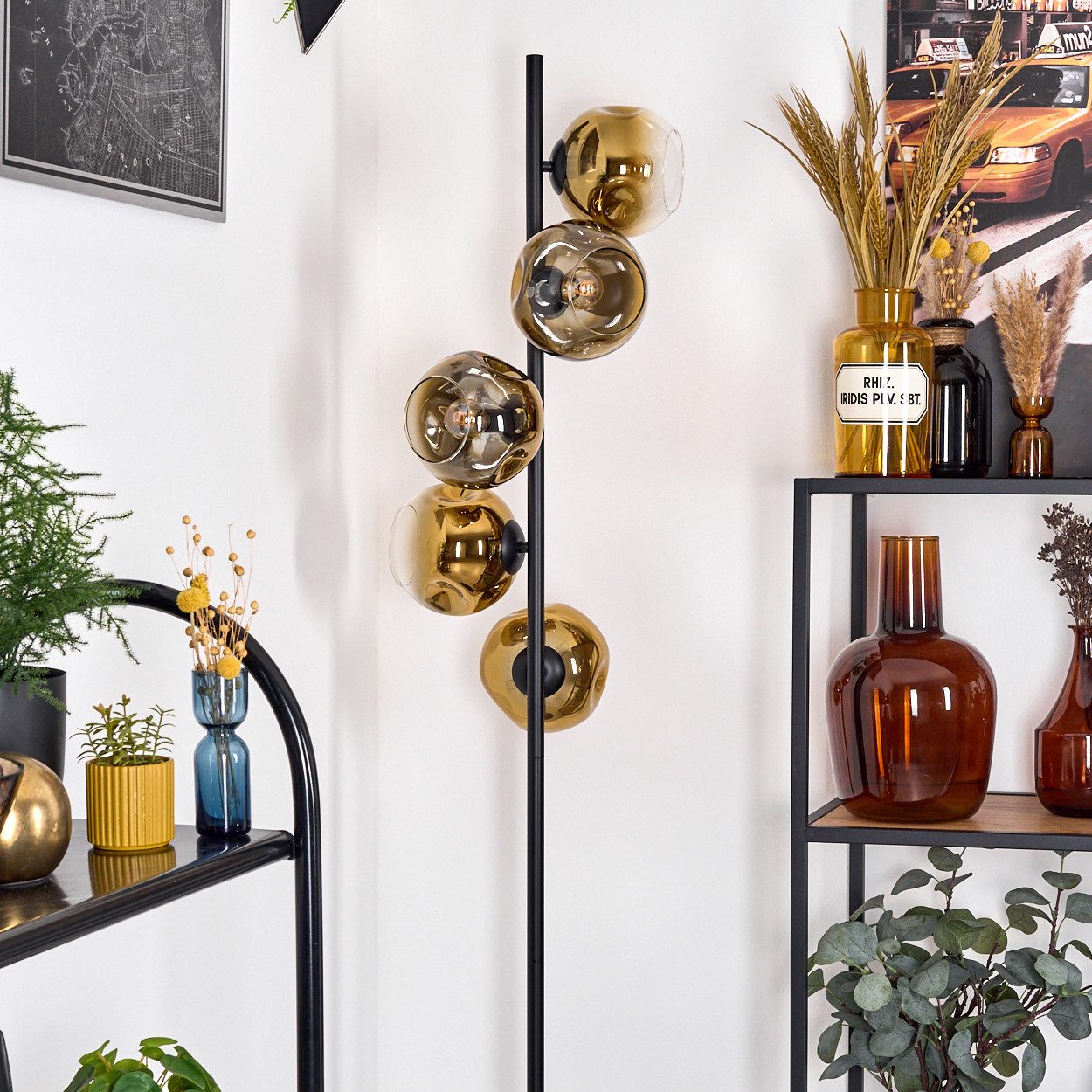 hofstein Stehlampe Stehlampe aus Metall/Glas in Schwarz/Gold/Klar, Retro/Vintage-Design, ohne Leuchtmittel, moderne Stehleuchte, Ø Schirme 15 cm, Fußschalter, 160 cm, E14