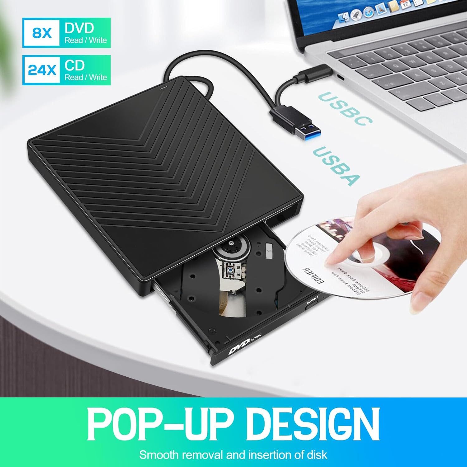Ophy 7-in-1 externes CD/DVD Laufwerk (USB 3.0) – schlanker DVD-Brenner DVD-Brenner (mit 4 Anschlüssen & 2 SD/TF-Kartensteckplätzen, für PC, Laptop, Mac & Linux (Windows 11/10/8)