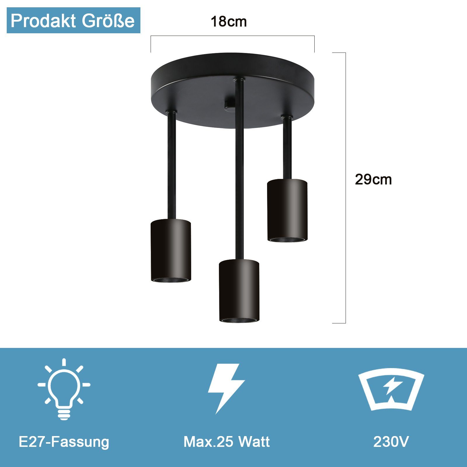 Nettlife Deckenstrahler Schwarz Vintage E27 3 Flammig Schlafzimmer Deckenleuchte, LED wechselbar, Schlafzimmer, Kinderzimmer, Wohnzimmer, Küche, Esszimmer