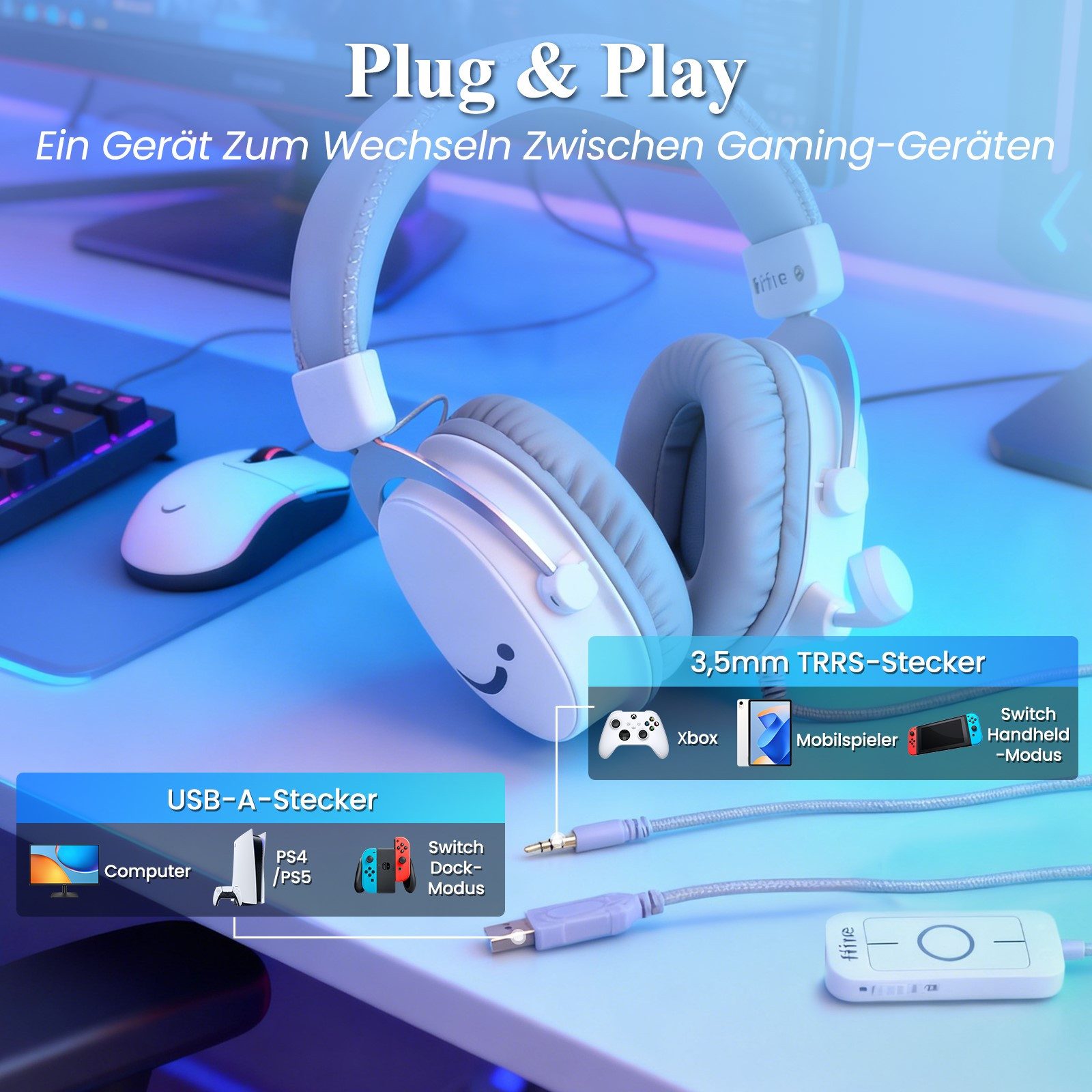 FIFINE Mikrofon Gaming Headset mit Mikrofon, Over Ear Kopfhörer mit Kabel, USB Headset für PC PS4 PS5 Xbox Switch, RGB Headphone