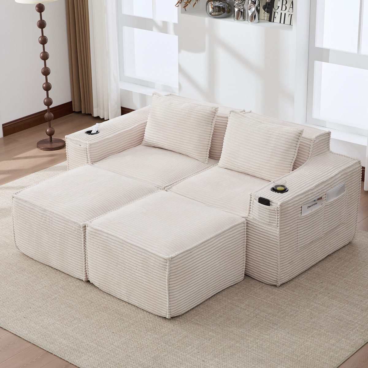Odikalo Sofa Modulares Sofa mit Getränkehaltern, Seitentaschen, Cord, mit 2 Hockern: Federkern und hochdichter Schaumstoff – formstabil, komprimiert verpackt, montagefrei. Ideal für Wohnzimmer und Apartments