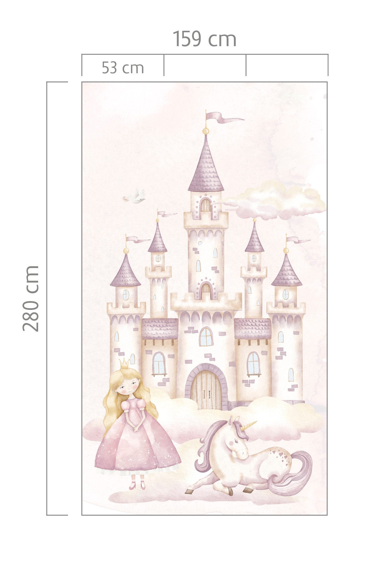 Rasch Fototapete Kinderzimmer mit Prinzessin, Schloss und Einhorn - 2,80m x 1,59m (LxB), strukturiert, gemustert, (1 Rolle, 1 St), Prinzessin