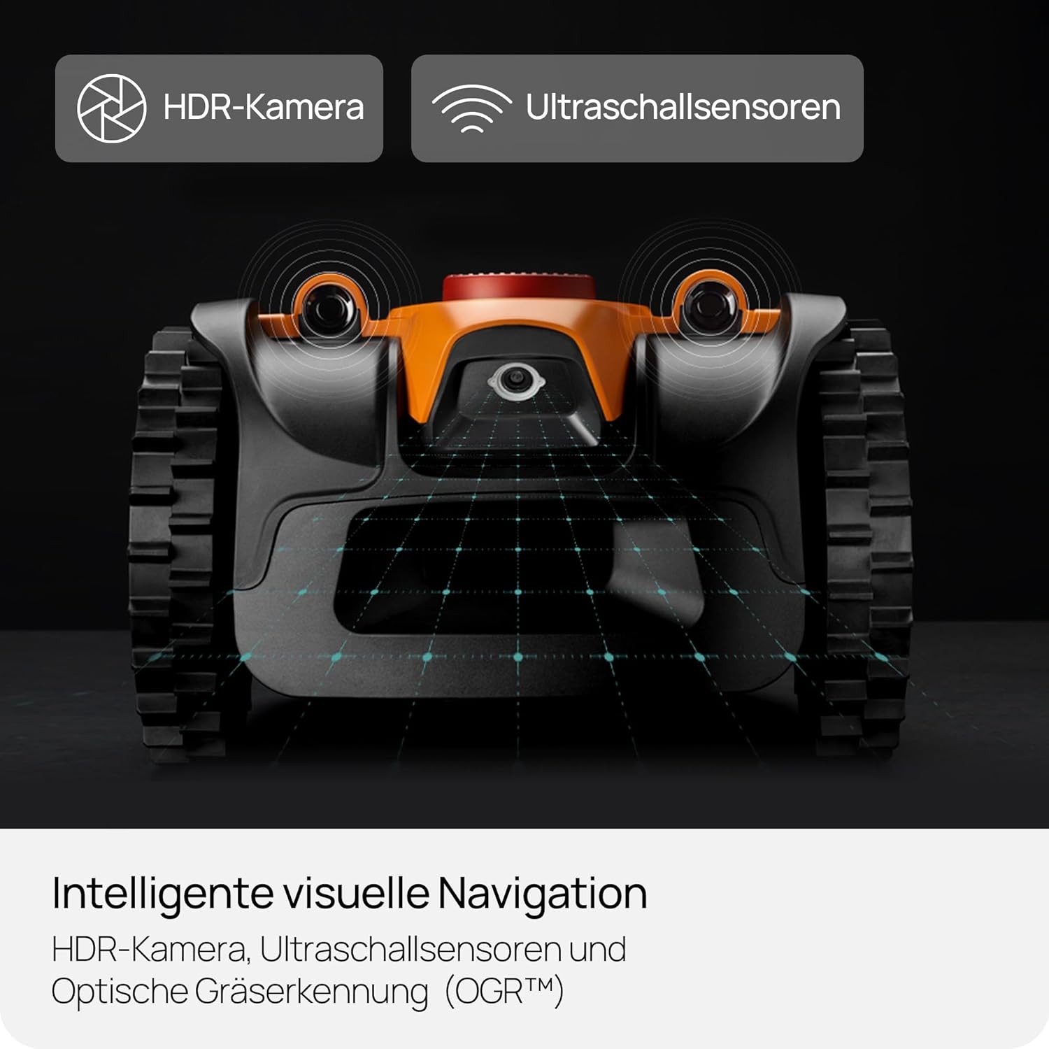 Lawnmaster Rasenmähroboter OcuMow®16 Rasenmäher Roboter Mähroboter ohne Begrenzungskabel, bis 300 m² Rasenfläche, (1-St., Optik-Navigation, Auto-Ladestation, Verbotene-Zone), Smarte Hindernisvermeidung, Smarte Hindernisvermeidung