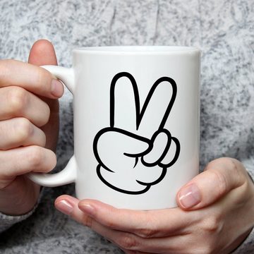 GRAVURZEILE Tasse mit Motiv Hände, Keramik, Peace - Farbe: Weiß