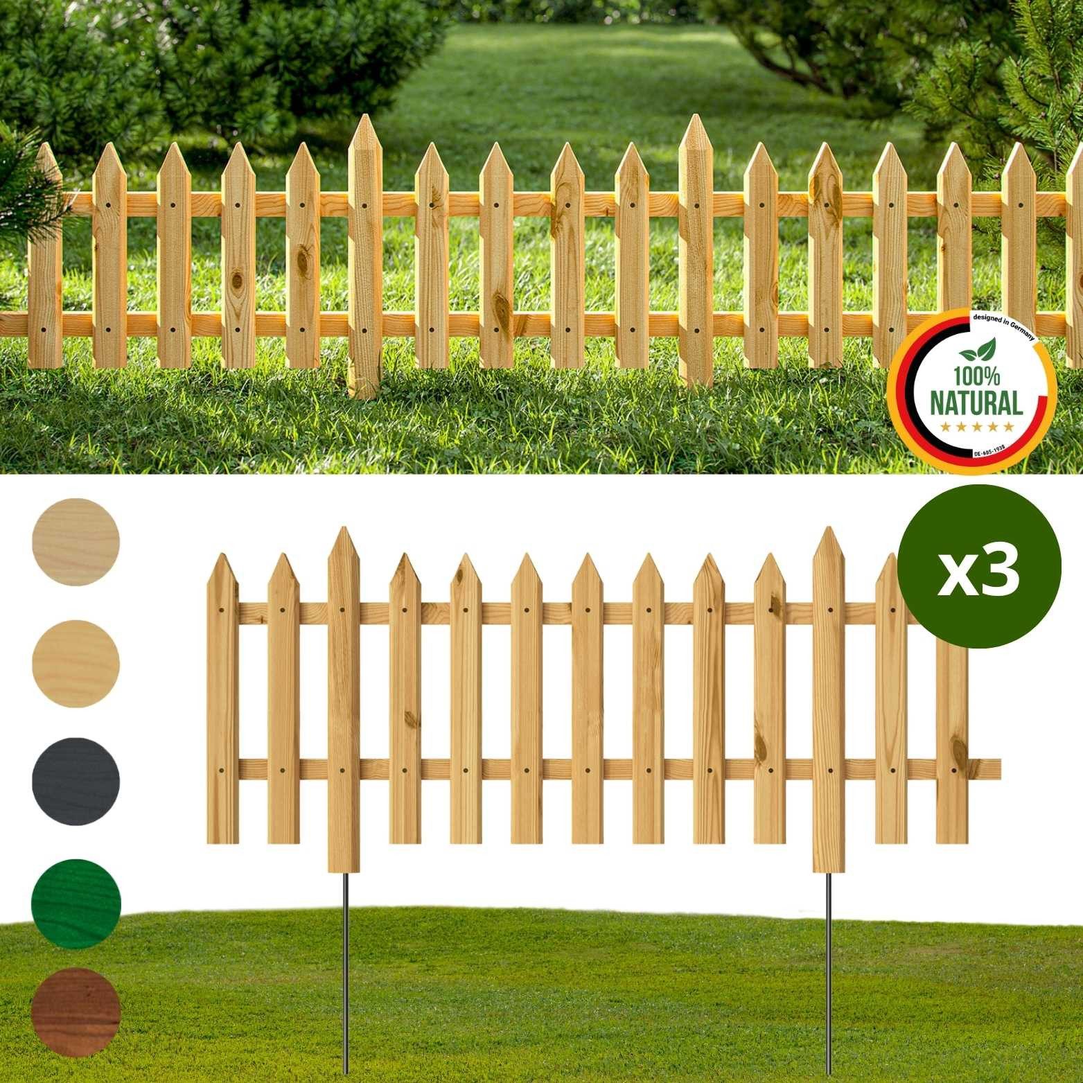 Floranica Zierzaun Vorgartenzaun Steckzaun Gartenzaun Zierzaun Lattenzaun Friesenzaun, (40 x 100 cm, 3-St., Natur), Blummen Beeten Zaun aus Holz mit Metalpfosten, Beetabgrenzung