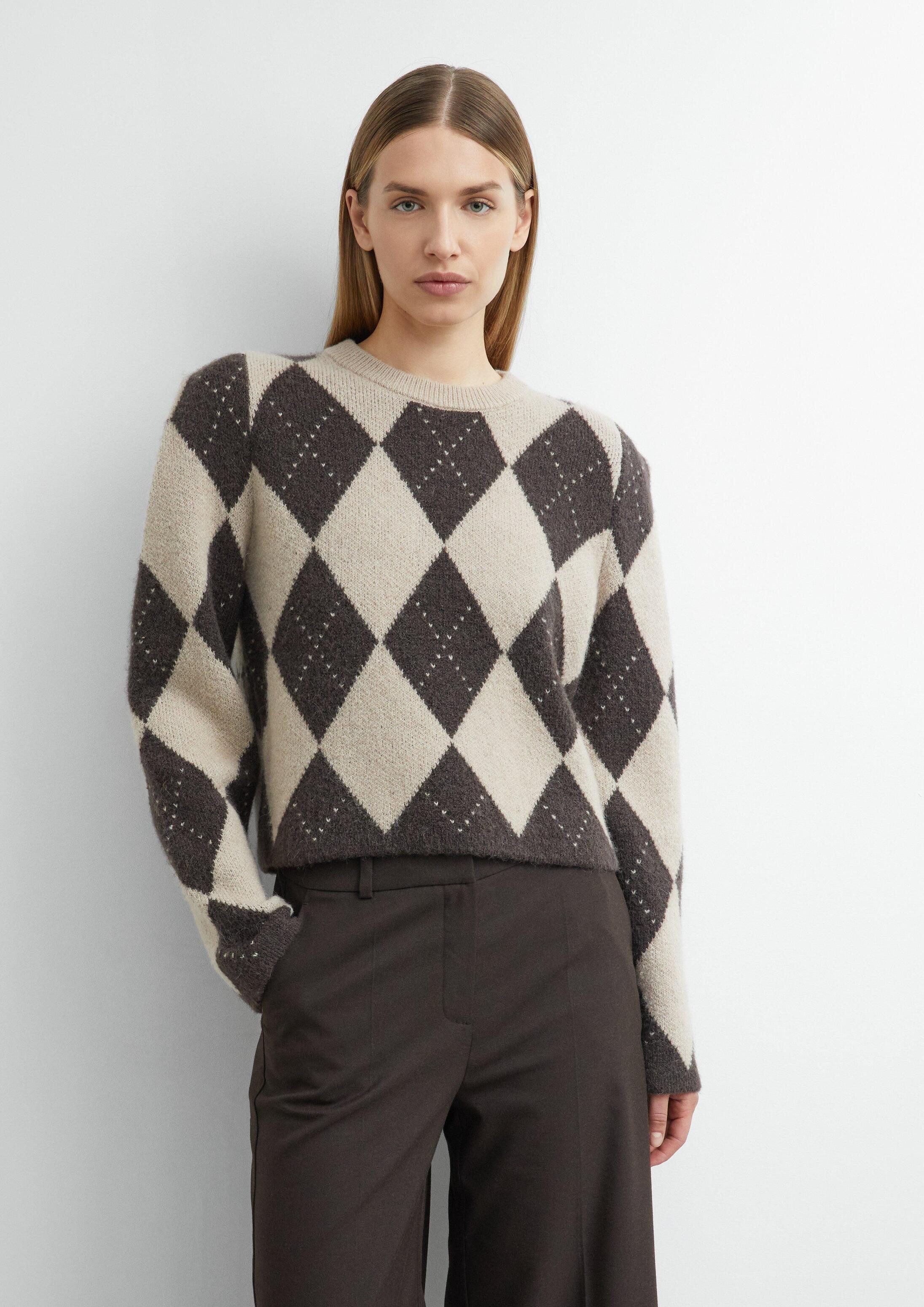 comma Longpullover Strickpullover Verkürzter Argyle-Pullover mit Schulter-Detail