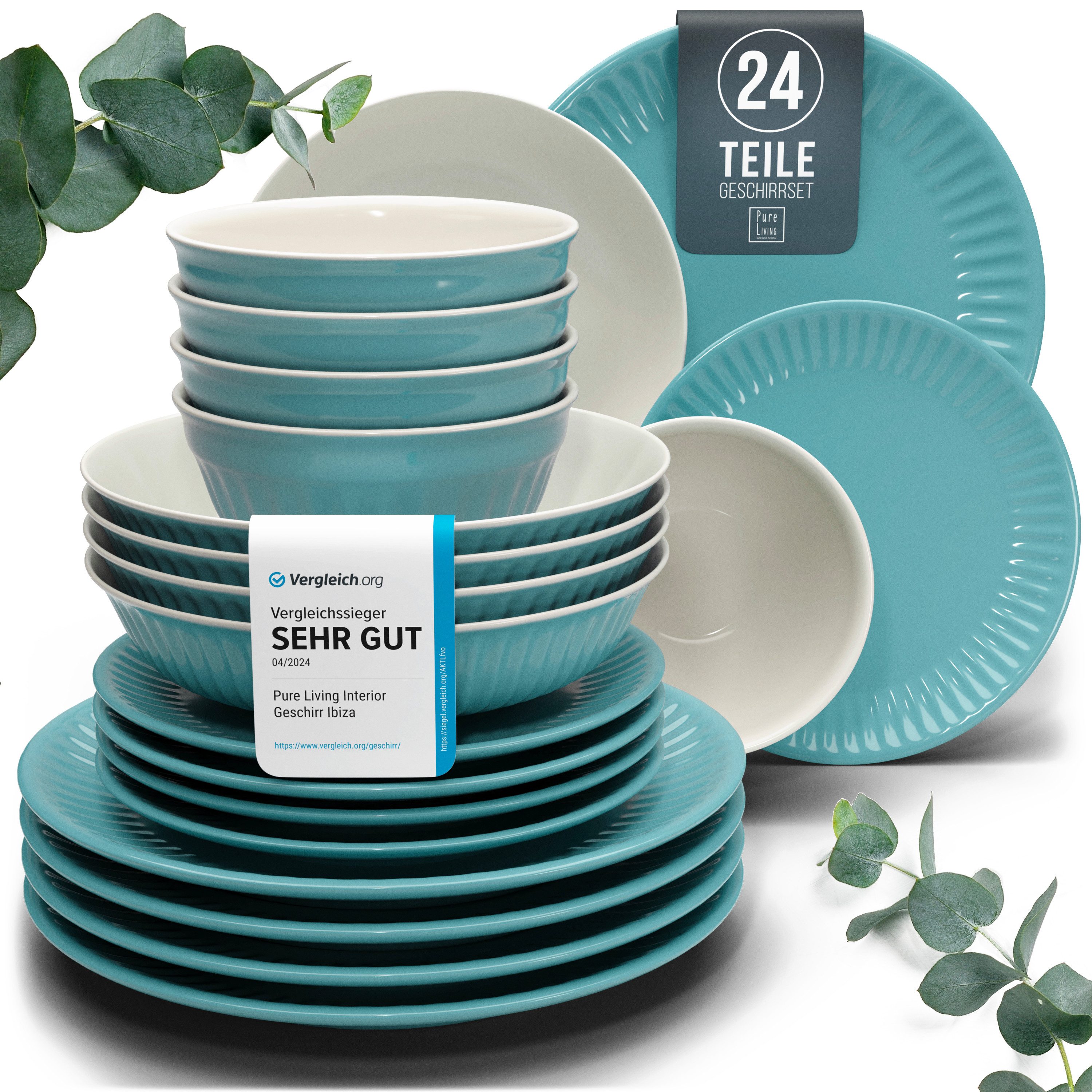 PURE LIVING INTERIOR DESIGN Geschirr-Set Pure Living »Hygge« (24-tlg), 6 Personen, Steingut Grün, 6 Personen, Steingut, Skandinavisches Design mit Riffelstruktur, Harmonische Farbgebung, Ma…